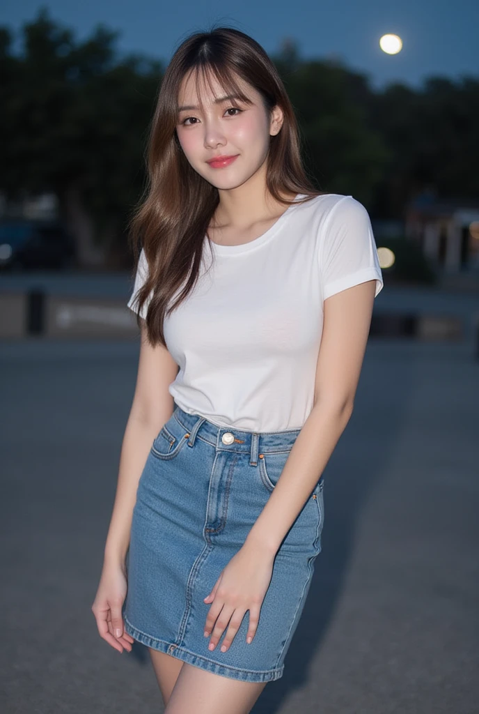  Korean girl with long hair, natural brown hair, loose, slender,  Medium Chest ,  Smirk,  Wearing a round neck T-shirt, short sleeves ,  Short blue pencil jeans skirt  , Random pose, standing ,  Moonlight , Daylight  ,