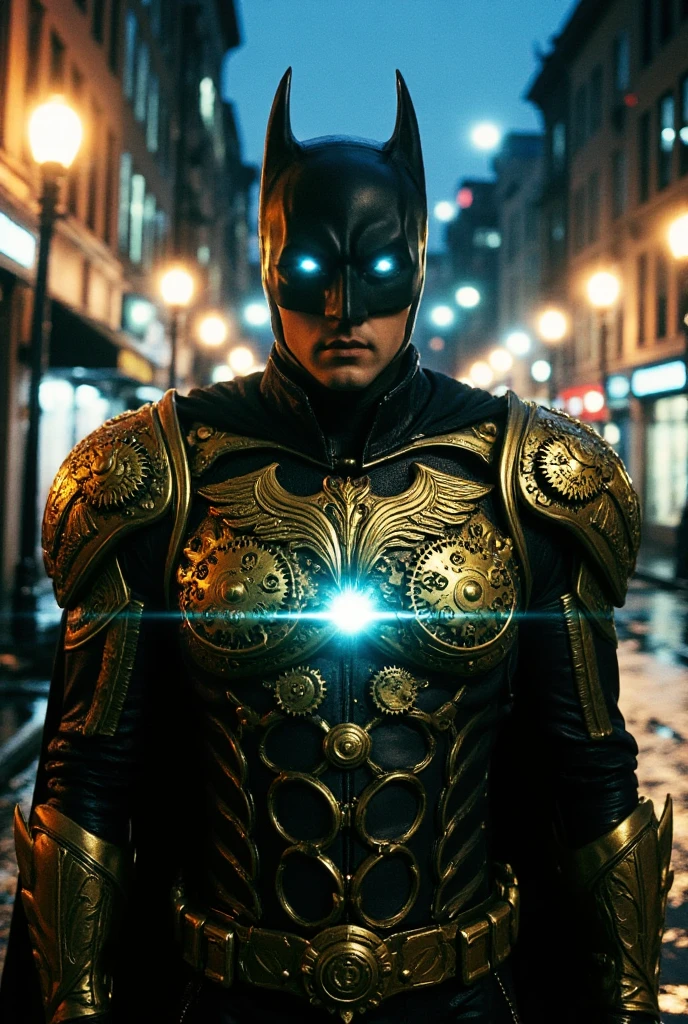 (masterpiece, photorealistic:1.4, extremely intricate:1.3), (photon mapping, radiosity, physically based rendering, ultra resolution, hyper-realistic, photorealistic:1.4, hyper-realistic, 8K), Portrait of Batman in an imposing steampunk armor, crafted with intricate golden mechanical details and gears shaped like bat wings. His armor features a dark metallic finish with baroque golden engravings, combining strength and elegance. A glowing, blue energy core is embedded in his chest plate, pulsating faintly. He stands under soft, moody lighting, with golden light specks floating around him, enhancing the magical and mysterious ambiance. In the background, a rain-soaked Victorian street illuminated by vintage lampposts with a shimmering bokeh effect. His expression is intense and enigmatic, his sharp gaze piercing through his steampunk-style cowl. A cinematic and powerful atmosphere befitting the Dark Knight of a retro-futuristic era.