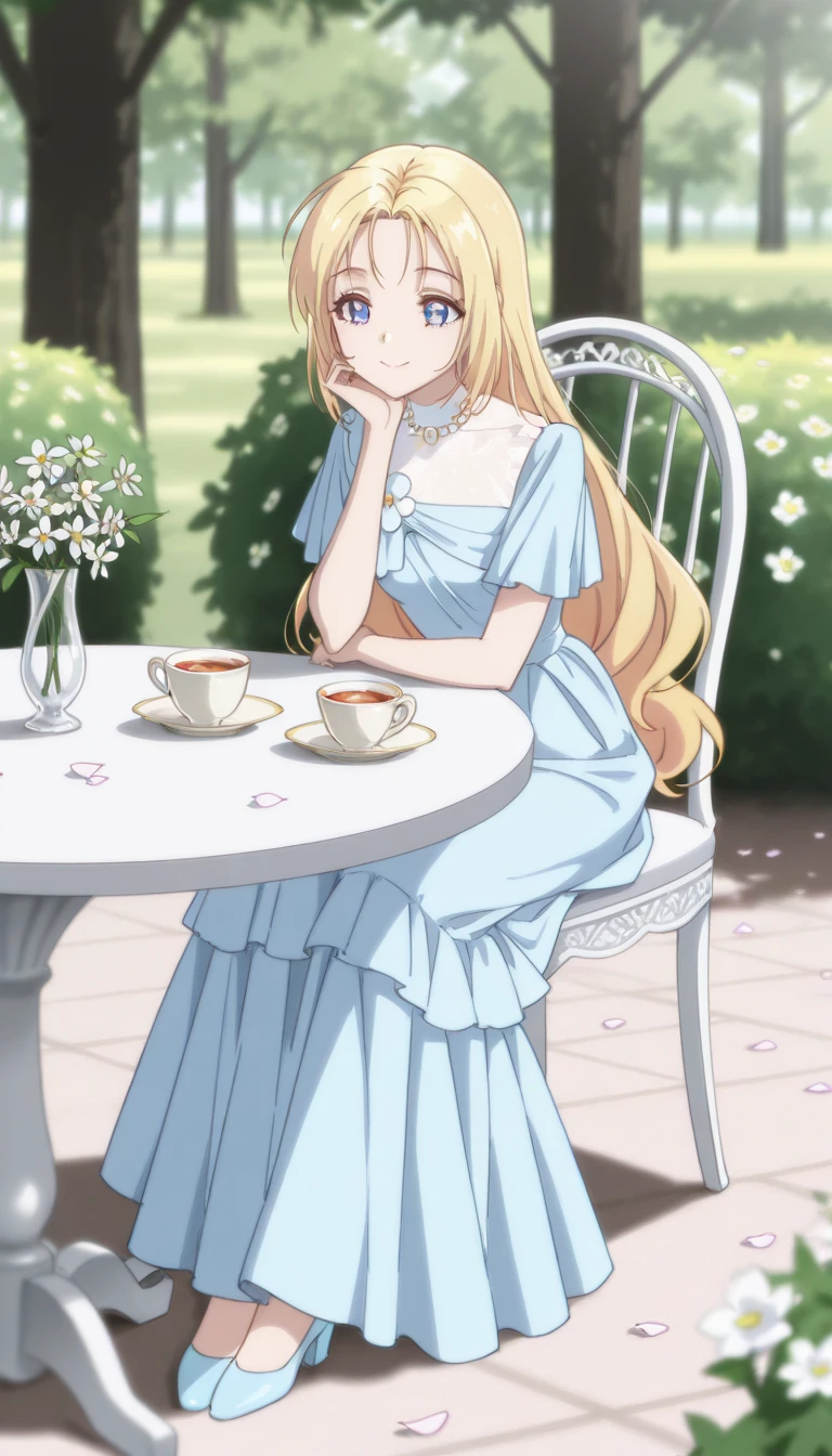 elegant style, soft realism, best quality, beautiful blonde-haired woman in intricate dress, intricate fabric details, sitting gracefully, elegant jewelry, peaceful and refined atmosphere, petals scattered on the ground, soft shadows, gentle and serene expression, ethereal and pure mood, warm smile, open eyes, elegant shoes, she sits on a chair at a table and drinking tea against the backdrop of nature and trees, sweets and tea and a book on the table, flowers, sysdeep_elise, curious smile