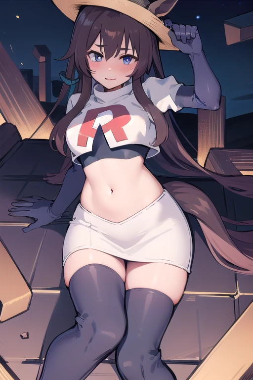masterpiece, best quality, portrait, 1girl, long hair, brown hair, brown eyes ,team rocket,team rocket uniform, red letter R, white skirt,white crop top,black thigh-highs, black elbow gloves,