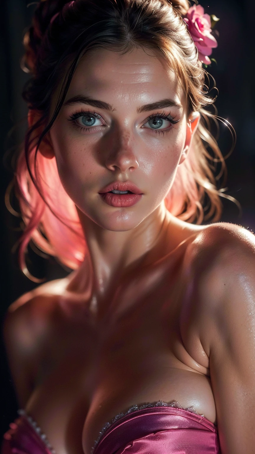 (((ultra realistic))) Photo, masterpiece, top quality, (pale skin), (Ultra detailed face and eyes:1.3), 1 girl, Adult, in a dress, ((Eye makeup, pink mascara)), ((very large detailed lips)), ((Pink волнистые волосы)), ((Stylish hairstyle)) , ({Enormous|Gigantic|Big|Huge|Mega|Fake} breasts), (Slim waist). ((Posing, hands on breast)), photoshoot, (Soft)Lighting, (The play of light and shadows), depth of field, bokeh, (special attention to skin detail: 1.2), Detailed leather texture, skin pores. (Cool atmosphere of the frame. color scheme - black, purple, Pink, Tons), UDR, ((Film grain)), ((rays)), (Glare), ((waist up portrait)) , ultra detialed,