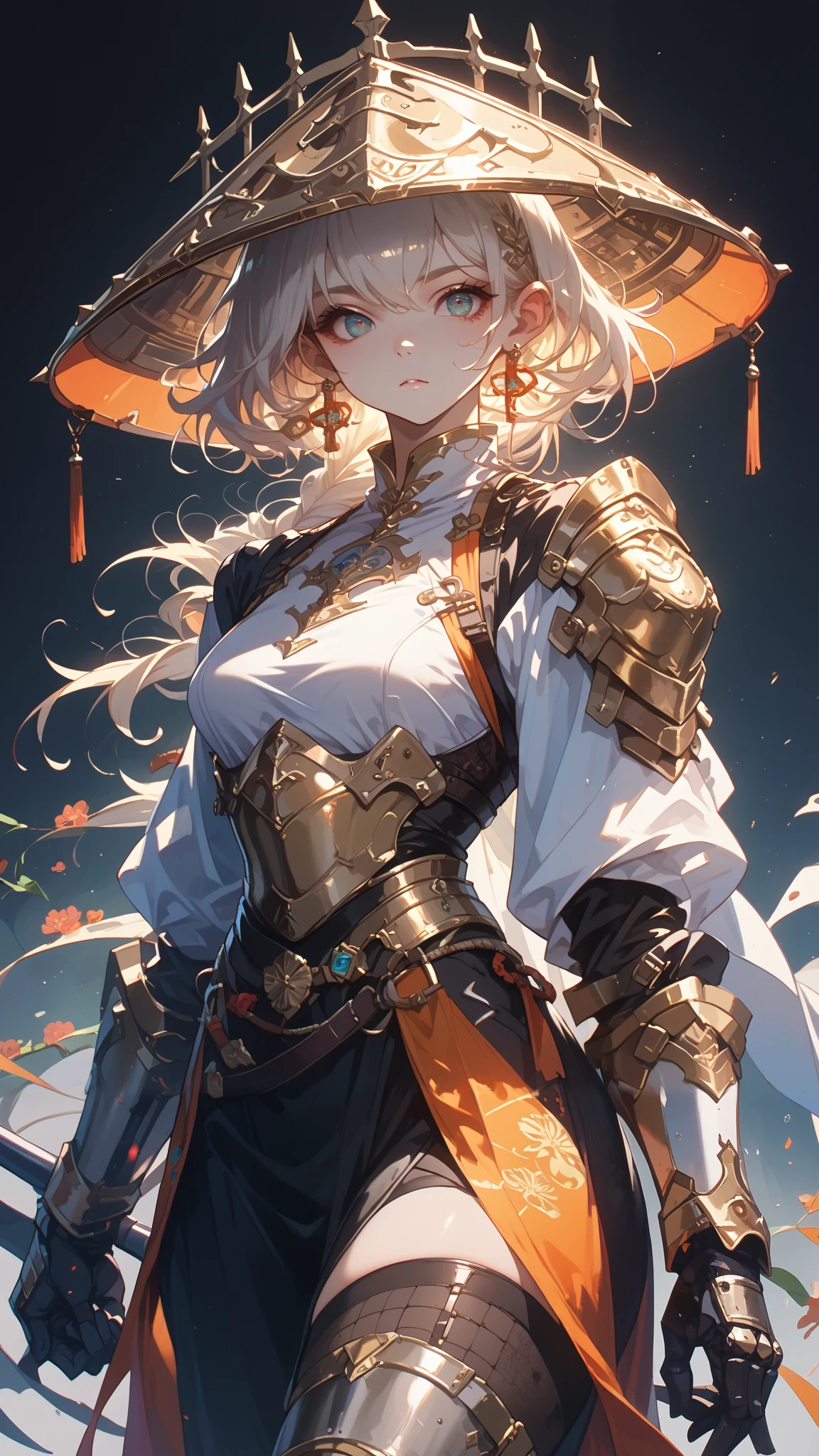 Anime girl, sexy figure, nice body curves, wearing a knight armour, showing off her figure, armour revealing her whole figure, simple dark background.