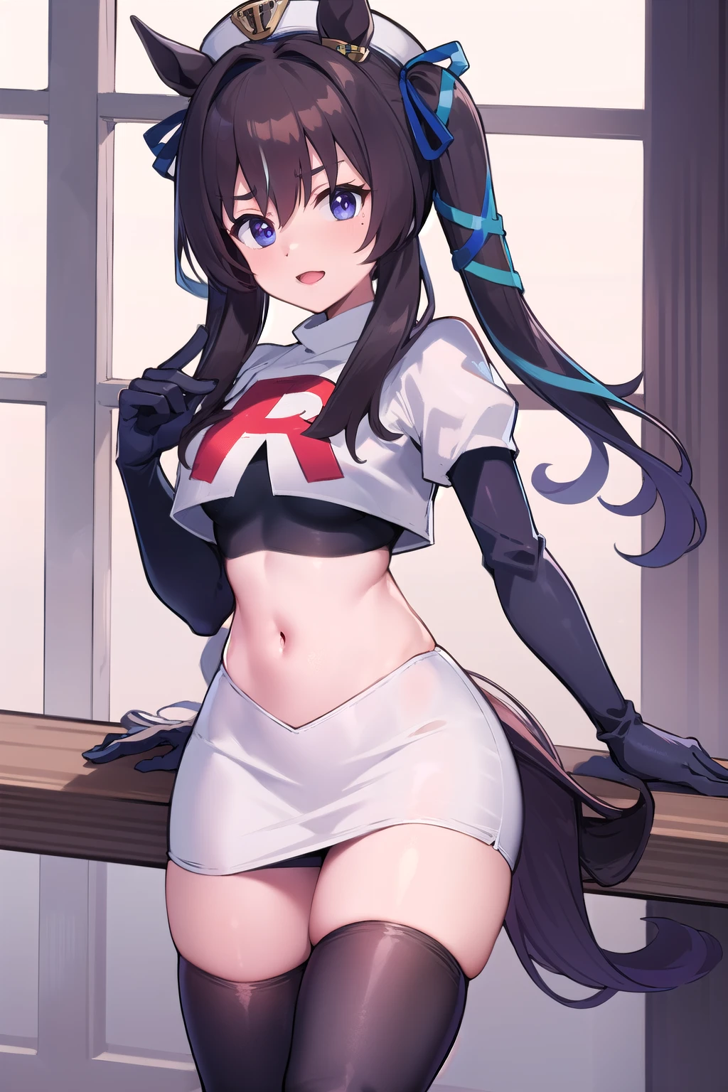 masterpiece, best quality, detailed, highly detailed, ultra detailed, vivlos \(umamusume\), horse tail, hat, blue ribbon, anchor ornament, team rocket,team rocket uniform,white skirt,red letter R,crop top,black thigh-highs,black elbow gloves, cowboy shot