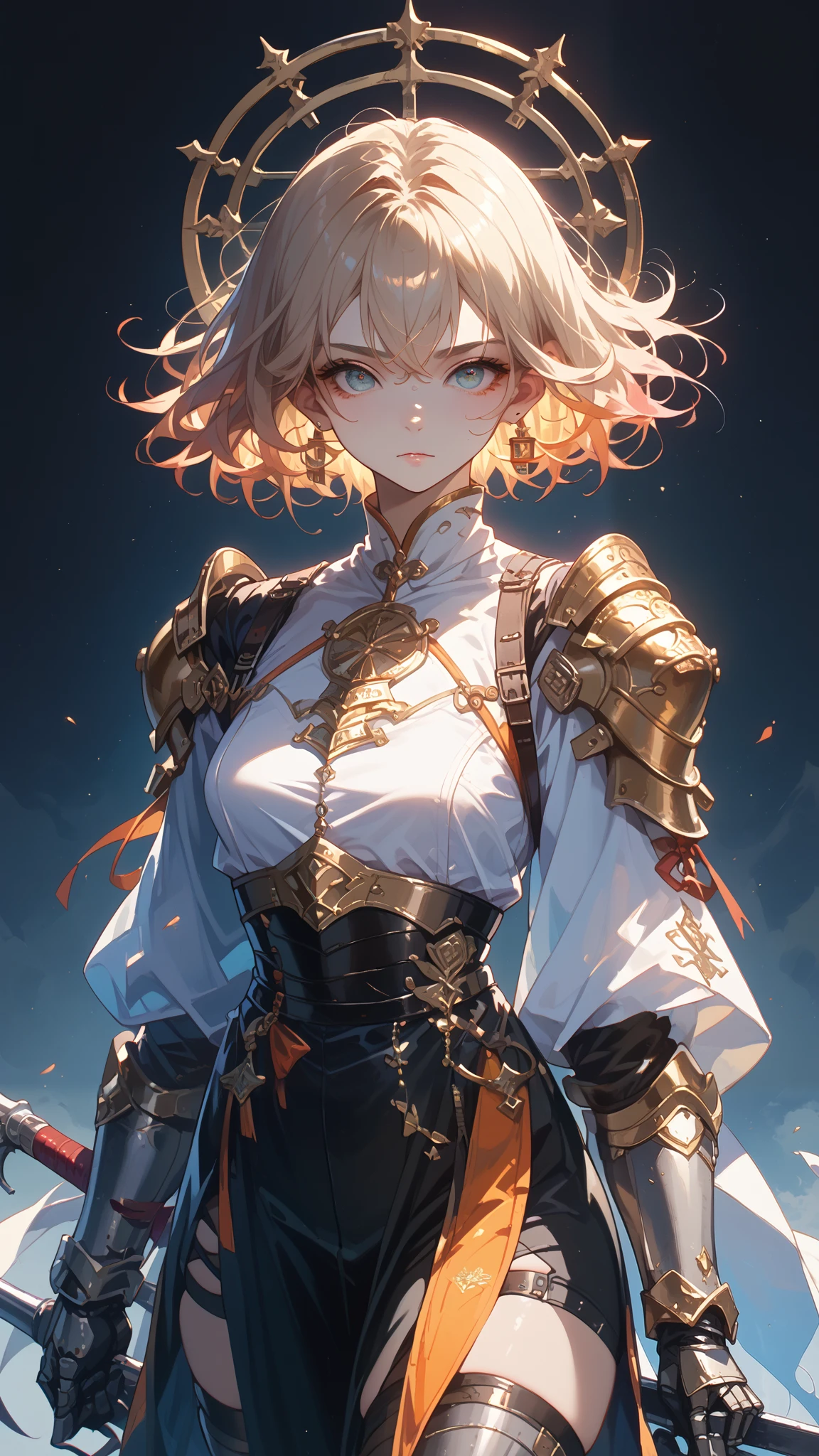 Anime girl, sexy figure, nice body curves, wearing a knight armour, showing off her figure, simple dark background.