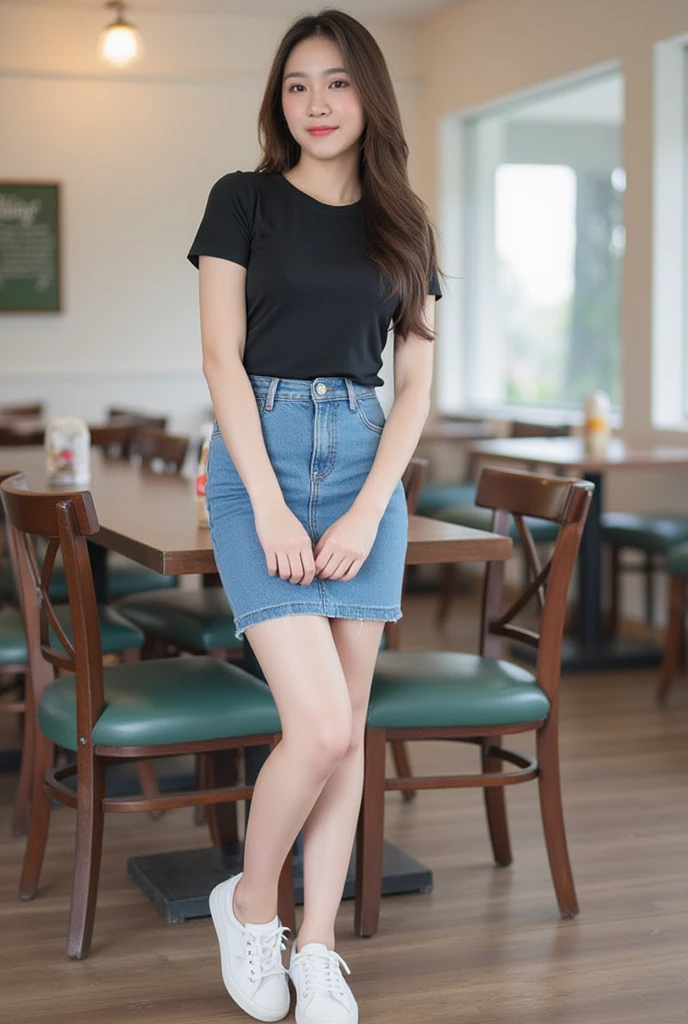  Korean girl with long hair, natural brown hair, released, slender,  Medium Chest ,  Smirk,  Wearing a round neck T-shirt, short sleeves ,  Short blue pencil denim skirt , Random pose, standing ,  Wearing White Sneakers ,  Moonlight , daylight ,Place in the cafe 