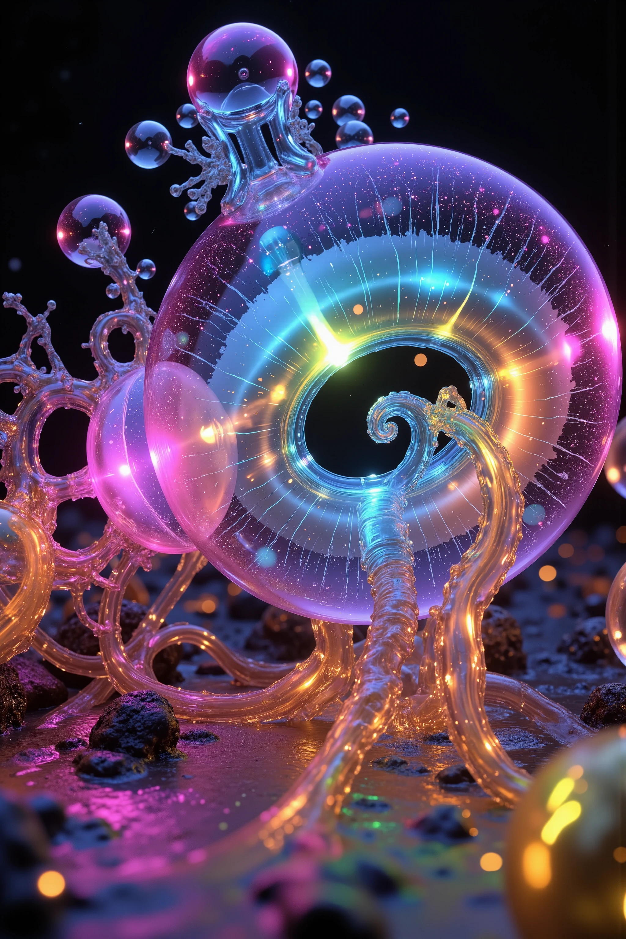 A close up of beautiful bubbles floating on top of each other, Glowing Nightmare, Glowing Runes_green Glowing Runes_pink,LSD, DMT imagery. octane render, psychedelic droplets of water, abstract liquid, and intricate rainbow art. octane render, black 3d fluid simulation,  ethereal bubbles, swirling liquids, and highly detailed, octane render, reflective rainbow bubbles, twisted colors inside of glass spheres, Psilocybin Dream inside an amazing image of light emerging from colors in a shimmering glass morphing out of colors, bright neon and fluorescent colors,very bright, vibrant colors, perfectly formed and symmetrical reflective bubbles and spheres, attention to detail with these beautiful bubbles and spheres, Extreme Hallucinations in a gorgeous piece of  psychedelic digital artwork, Stunning, pixel art, tripped out colors, 4d mandelbulb psychedelics, glass like psychedelic landscape, intricate rainbow environment, psychedelic underwater brightness and glow with neon colors, glowing colors twist inside of translucent glass spheres and bubbles with light and color reflecting off of both in bright fluorescent colors, psychedelic trip, fluorescent and neon aesthetic, psychedelic vibrant colors, bright psychedelic paint splattered backgrounds,swirling spirals and vortex, bright vibrant colors popping out from 3d glass spheres, Rotational Symmetry, Pixel Assets, Portrait photography, Surrealism, Photorealistic, Hyperdetailed, Glass Morphism, Digital Art, Sparkle, Optical Illusion, Glowing Light, Reflective Light, Overexposure, Backlighting, Depth Of Field, Spheres and bubbles show perfect Symmetry, Awe inspiring, Breathtaking, Indescribably Beautiful, Heaven sent images, Best Quality, Award Winning, MasterpieceA close up of beautiful bubbles floating on top of each other, LSD, DMT imagery. octane render, psychedelic droplets of water, abstract liquid, and intricate rainbow art. octane render, black 3d fluid simulation,  ethereal bubbl