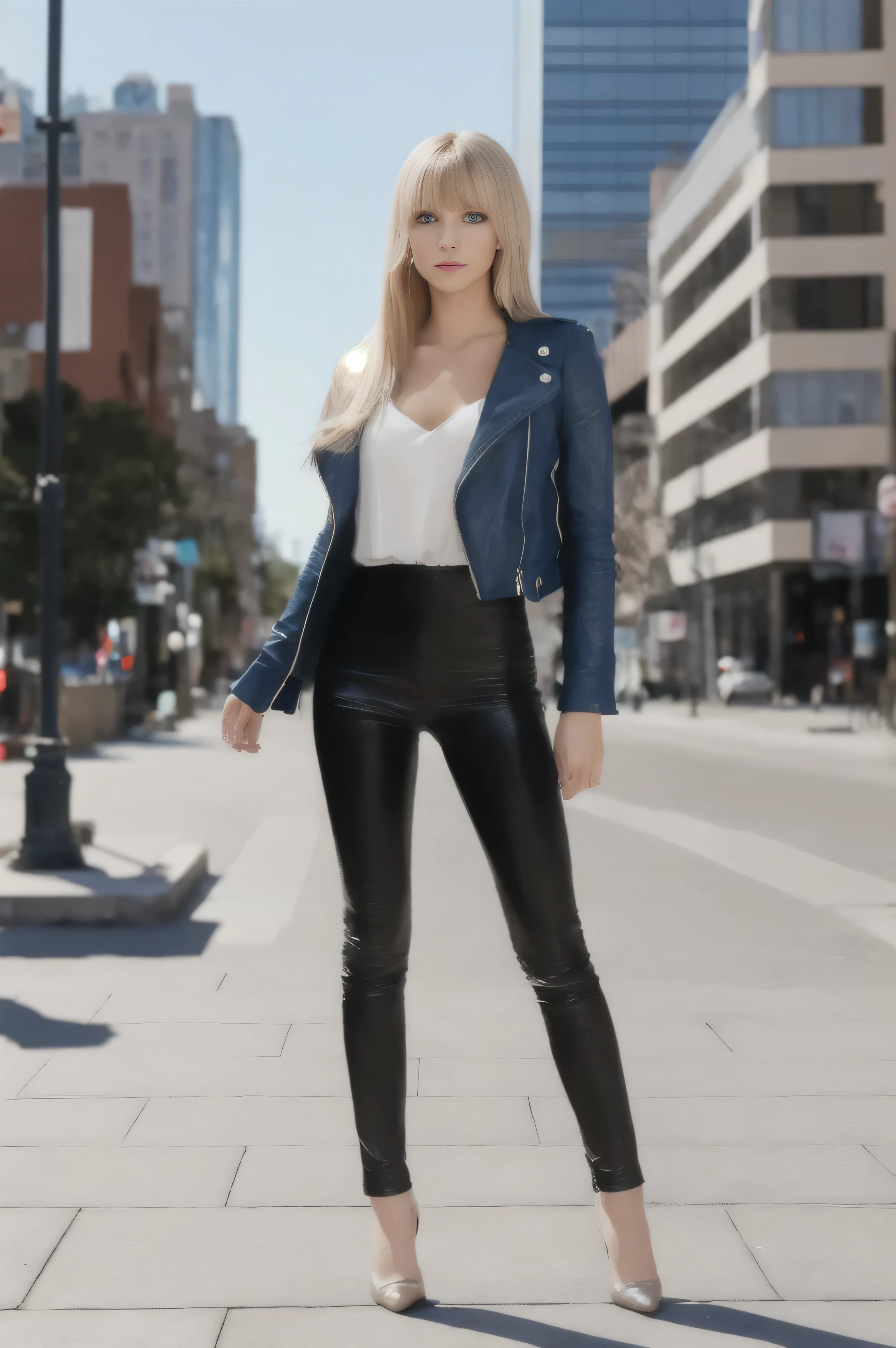 full body Realism, a 22 - year - old girl, long blonde hair, bangs falling on her face,blue eyes, beautiful hairstyle, light makeup, dressed in a leather jacket, tight leather pants, beautiful shoes on her feet, evening city street in the background, high detail appearance, high detail hairstyle, high detail environment, high detail background, in the background is a modern city, the photo was taken with a photorealistic SLR camera, resolution full hd, 8K