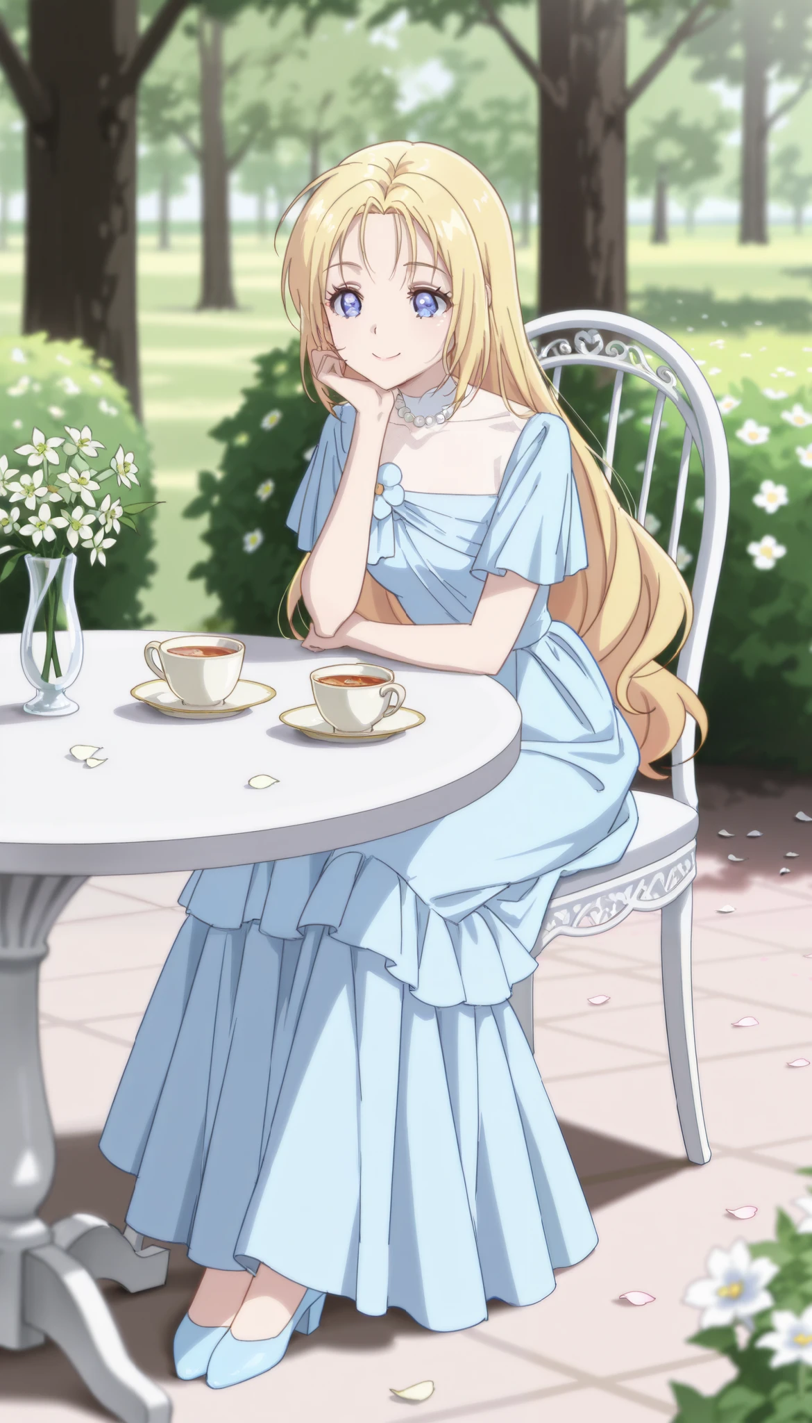 elegant style, soft realism, best quality, beautiful blonde-haired woman in intricate dress, intricate fabric details, sitting gracefully, elegant jewelry, peaceful and refined atmosphere, petals scattered on the ground, soft shadows, gentle and serene expression, ethereal and pure mood, warm smile, open eyes, elegant shoes, she sits on a chair at a table and drinking tea against the backdrop of nature and trees, sweets and tea and a book on the table, flowers, sysdeep_elise, curious smile