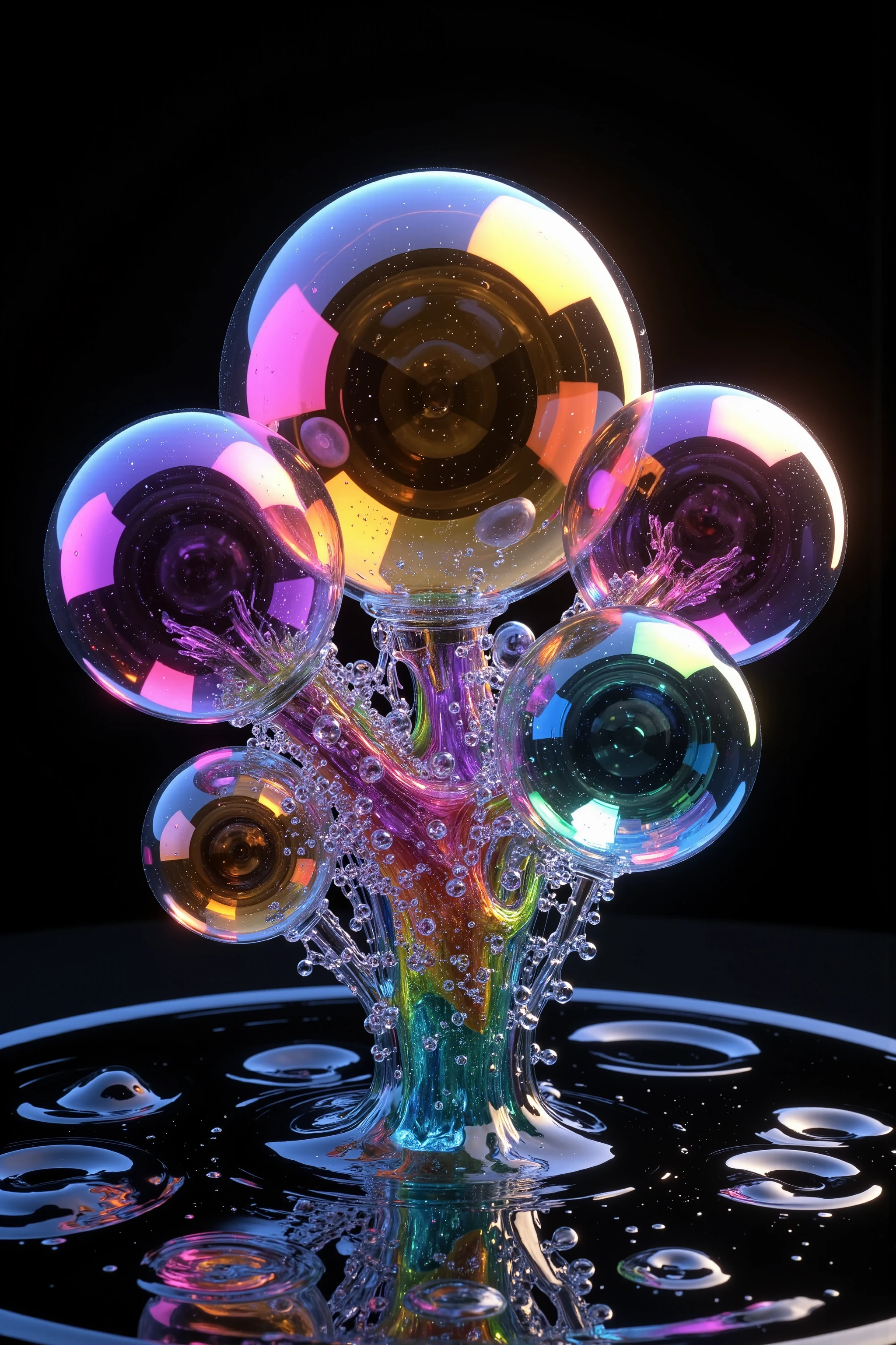 A close up of beautiful bubbles floating on top of each other, Glowing Nightmare, Glowing Runes_green Glowing Runes_pink,LSD, DMT imagery. octane render, psychedelic droplets of water, abstract liquid, and intricate rainbow art. octane render, black 3d fluid simulation, ethereal bubbles, swirling liquids, and highly detailed, octane render, reflective rainbow bubbles, twisted colors inside of glass spheres, Psilocybin Dream inside an amazing image of light emerging from colors in a shimmering glass morphing out of colors, bright neon and fluorescent colors,very bright, vibrant colors, perfectly formed and symmetrical reflective bubbles and spheres, attention to detail with these beautiful bubbles and spheres, Extreme Hallucinations in a gorgeous piece of psychedelic digital artwork, Stunning, pixel art, tripped out colors, 4d mandelbulb psychedelics, glass like psychedelic landscape, intricate rainbow environment, psychedelic underwater brightness and glow with neon colors, glowing colors twist inside of translucent glass spheres and bubbles with light and color reflecting off of both in bright fluorescent colors, psychedelic trip, fluorescent and neon aesthetic, psychedelic vibrant colors, bright psychedelic paint splattered backgrounds,swirling spirals and vortex, bright vibrant colors popping out from 3d glass spheres, Rotational Symmetry, Pixel Assets, Portrait photography, Surrealism, Photorealistic, Hyperdetailed, Glass Morphism, Digital Art, Sparkle, Optical Illusion, Glowing Light, Reflective Light, Overexposure, Backlighting, Depth Of Field, Spheres and bubbles show perfect Symmetry, Awe inspiring, Breathtaking, Indescribably Beautiful, Heaven sent images, Best Quality, Award Winning, MasterpieceA close up of beautiful bubbles floating on top of each other, LSD, DMT imagery. octane render, psychedelic droplets of water, abstract liquid, and intricate rainbow art. octane render, black 3d fluid simulation, ethereal bubbl