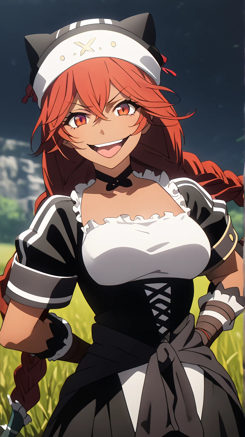  8K ultra HD,  High Quality ,  film grain,  FUJIFILM XT3、最 High Quality , masterpiece,  high res, anime picture ,two-dimensional
red eyes,  red hair,  braids,,  wearing a black beast ear hat, is holding a weapon, One girl , solo, Dark Skin, brown skin, adult woman, beautiful woman,Beauty,sadist
midnight,grassland
,  black maid clothes, short sleeve/gauntlet,  white knee-high ,  choker , black long skirt, hands behind hips , closeup , look, Medium build, crazy smile ,accurate,  high detail ,  retina,  open your mouth slightly , tongue, 