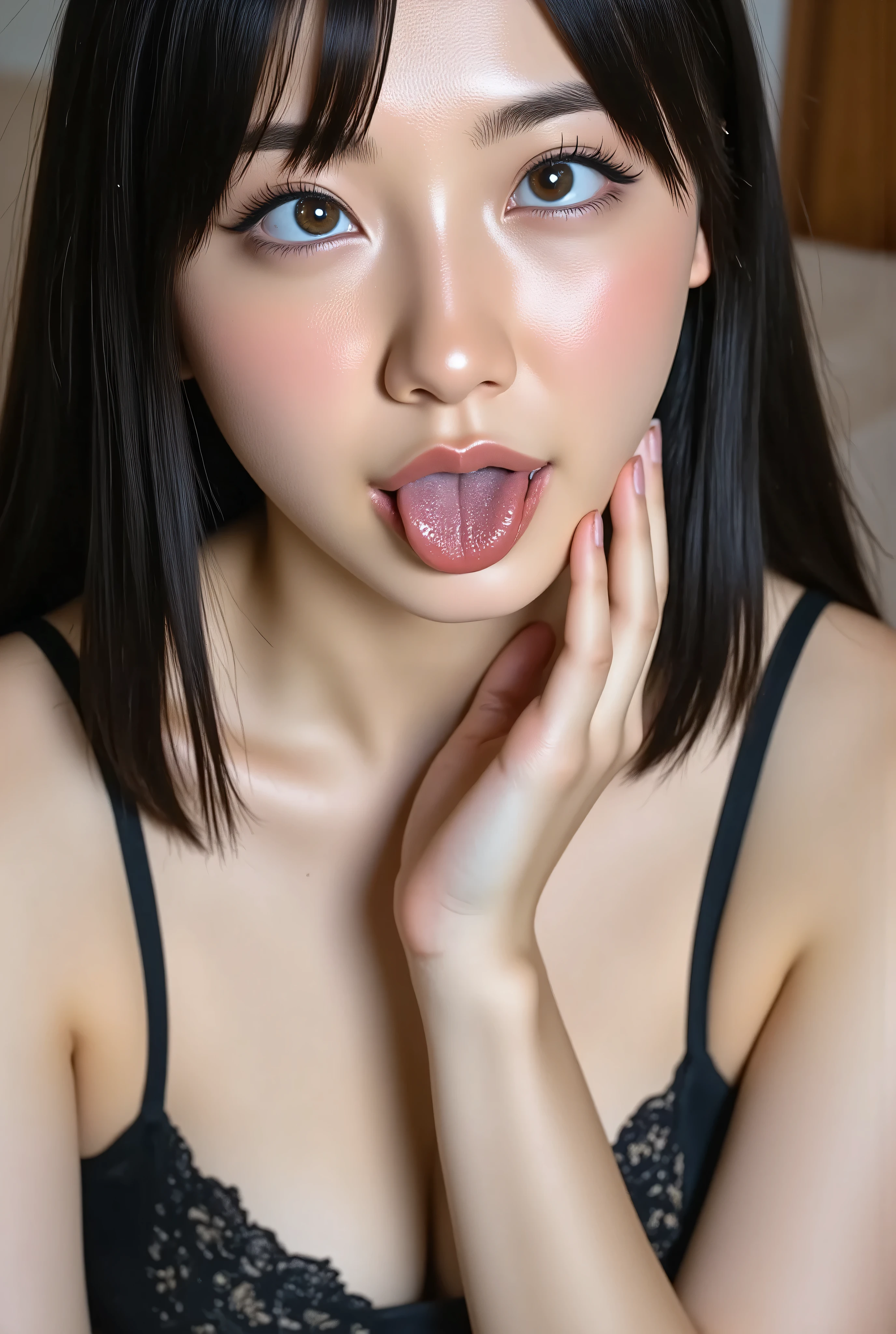 RAW Photos、(masterpiece:1.3)、(Highest quality,Very detailed,Complex)、Professional photography、Professional Lighting、High resolution、High Dynamic Range、(((Realistic、Ultra-realistic,Realistic、8K Ultra HD)))、Browsing Caution、16K、32K、超High resolution、(((Large Breasts)))、(((Emphasize cleavage)))、Abdominal muscles、Perfect body、 Delicate features,、Super photogenic、clavicle、Beautiful ass、((Luxury lace lingerie))、Ultra detailed face、Naturally radiant lips、double eyelid、High Contrast、((belly button))、Natural light、Someone who looks at you calmly、 Goddess-like eyes、Shining Eyes、Beautiful hip line、Bedroom、(From above)、(((Lying in bed:1.5)))、Delicate and sexy face、 Sensual Gaze、 (Sweaty, Glowing Skin:1.5)、Fashion Model、The expression when enduring pleasure、Sexually aroused expressions、(sweating:1.2)、Underboob、Breasts spilling out、Full Body Shot、Spread your legs、Spread your legs,Film Lighting,Make eye contact with the camera,Full Body,ahegao,tongue out,Place your right hand behind your head.:1.6,bold sexy pose, crying a little、Harajuku style、20 year old girl、cute type、beautiful legs, hposing Gravure Idol,making eye contact with camera,