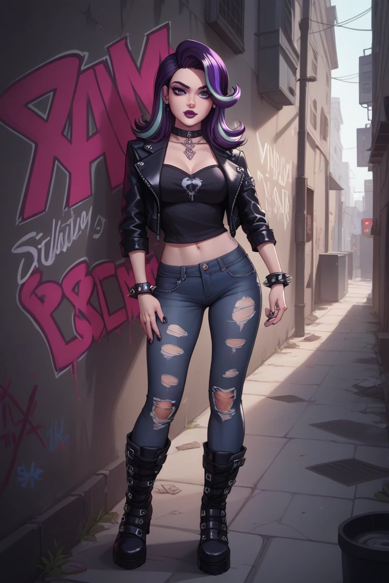 A striking young woman with a gothic, artistic aura, standing in a dimly lit urban alley. She has long, straight black hair cascading down her back and piercing violet eyes that glimmer with quiet intensity. Her lips are painted a dark purple, and her all-black outfit features a fitted leather jacket, ripped jeans, and heavy boots adorned with silver buckles. Gothic accessories, including layered silver chains, spiked bracelets, and rings with intricate designs, add to her edgy look. The faint glow of moonlight highlights her silhouette, casting sharp shadows on the graffiti-covered walls around her. Her posture is confident but guarded, hinting at her introspective and emotionally scarred personality. The alley exudes an artistic vibe with vibrant murals, scattered sketches, and a faint haze of mystery in the air.