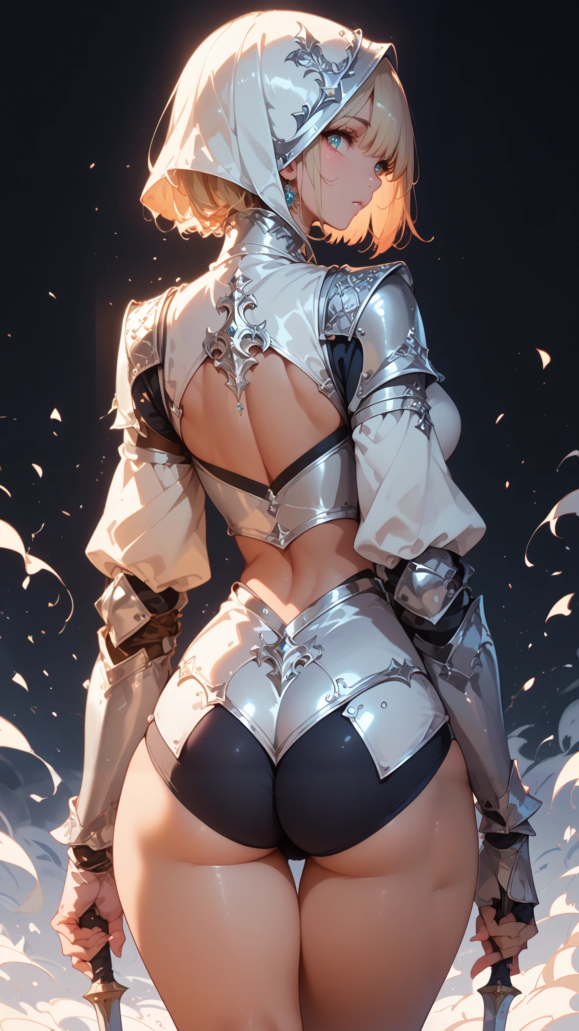 Anime girl, sexy figure, nice body curves, wearing a knight armour, showing off her figure, back view, simple dark background.