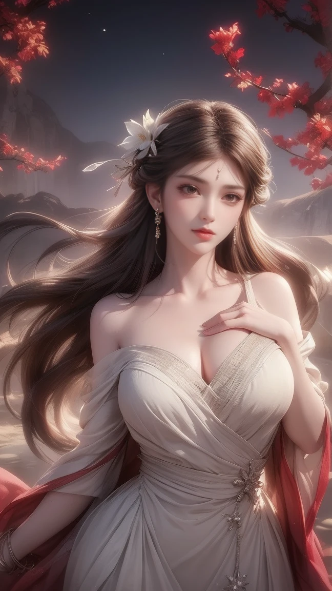 Hanfu, black hair, long hair, big breasts, beautiful breasts half exposed, peach blossom tree on background, sadness, neoclassical, backlit, 8k, delicate and clean face,