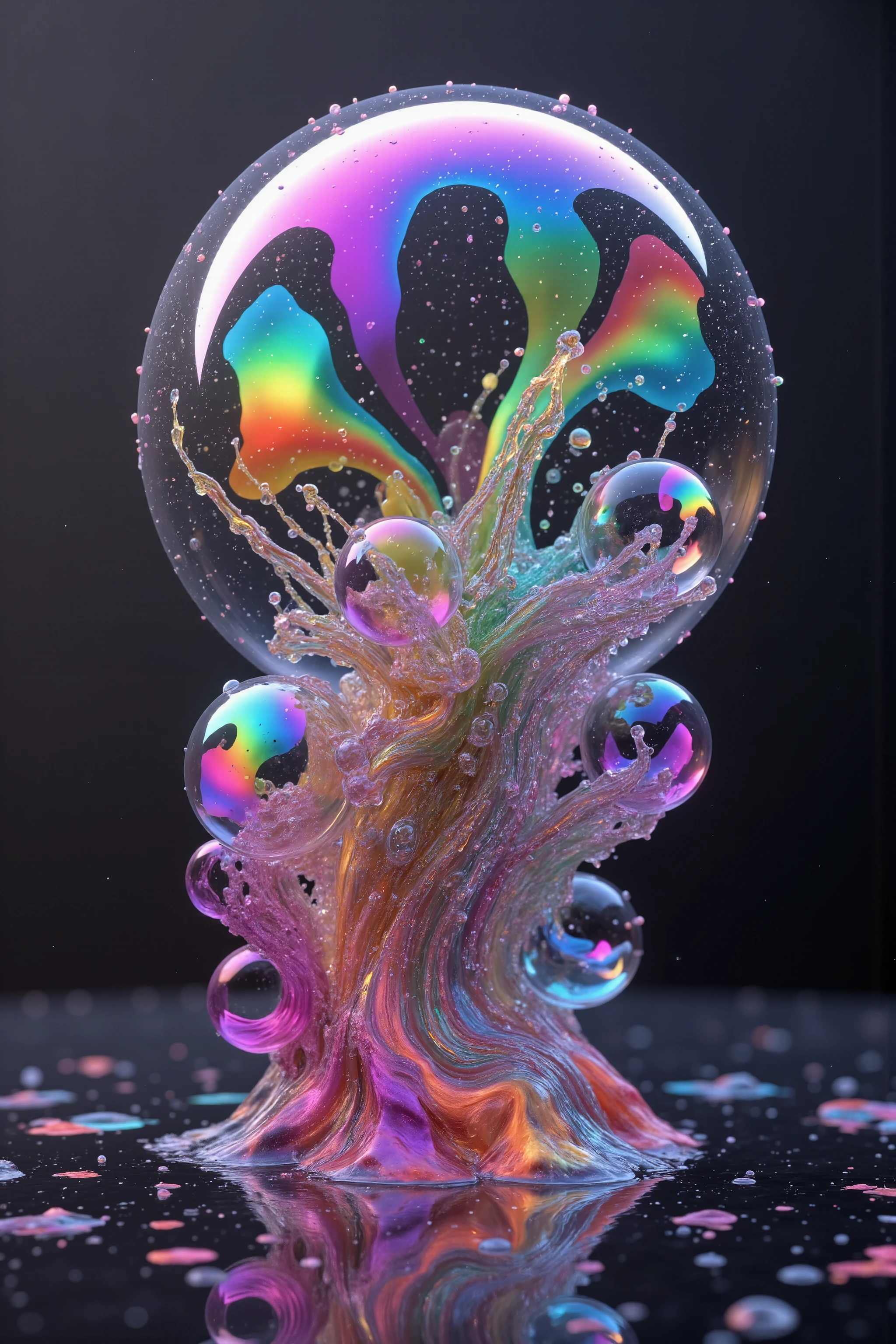 A close up of beautiful bubbles floating on top of each other, Glowing Nightmare, Glowing Runes_green Glowing Runes_pink,LSD, DMT imagery. octane render, psychedelic droplets of water, abstract liquid, and intricate rainbow art. octane render, black 3d fluid simulation,  ethereal bubbles, swirling liquids, and highly detailed, octane render, reflective rainbow bubbles, twisted colors inside of glass spheres, Psilocybin Dream inside an amazing image of light emerging from colors in a shimmering glass morphing out of colors, bright neon and fluorescent colors,very bright, vibrant colors, perfectly formed and symmetrical reflective bubbles and spheres, attention to detail with these beautiful bubbles and spheres, Extreme Hallucinations in a gorgeous piece of  psychedelic digital artwork, Stunning, pixel art, tripped out colors, 4d mandelbulb psychedelics, glass like psychedelic landscape, intricate rainbow environment, psychedelic underwater brightness and glow with neon colors, glowing colors twist inside of translucent glass spheres and bubbles with light and color reflecting off of both in bright fluorescent colors, psychedelic trip, fluorescent and neon aesthetic, psychedelic vibrant colors, bright psychedelic paint splattered backgrounds,swirling spirals and vortex, bright vibrant colors popping out from 3d glass spheres, Rotational Symmetry, Pixel Assets, Portrait photography, Surrealism, Photorealistic, Hyperdetailed, Glass Morphism, Digital Art, Sparkle, Optical Illusion, Glowing Light, Reflective Light, Overexposure, Backlighting, Depth Of Field, Spheres and bubbles show perfect Symmetry, Awe inspiring, Breathtaking, Indescribably Beautiful, Heaven sent images, Best Quality, Award Winning, MasterpieceA close up of beautiful bubbles floating on top of each other, LSD, DMT imagery. octane render, psychedelic droplets of water, abstract liquid, and intricate rainbow art. octane render, black 3d fluid simulation,  ethereal bubbl