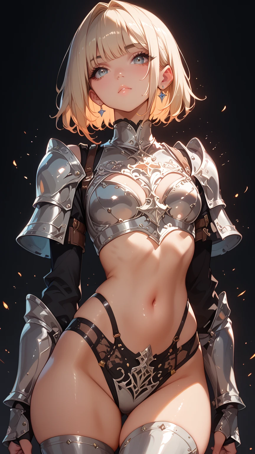 girl, short blond hair, twintail, anime Bleach soulreaper, holds a Zanpakuto, hakana, armor, exposed breasts, small breasts, naked breasts, vibrant appearance, creative behavior, imaginative, sensual, spontaneous, highest quality, skin texture, intricate details, (cinematic lighting), RAW photo, 8k