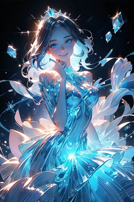 (masterpiece),  top quality ,  super detailed ,  illustrations, Detailed light,  blue eyes、 Eyes Like Jewels、｛｛Statue of a woman sculpted in a transparent crystal｝｝、Cold 、｛｛cold｝｝、Freezing Temperatures 、,(((watercolor))), blue crystal hair、Ice Crystal Dress 、 Ice Crystals Like Hair、bust、Ice Tiara、coldの霧、 Snowflakes、 High Quality Glow、｛｛｛Melted Ice ｝｝｝、Dry ice fog、｛｛｛｛smile｝｝｝｝