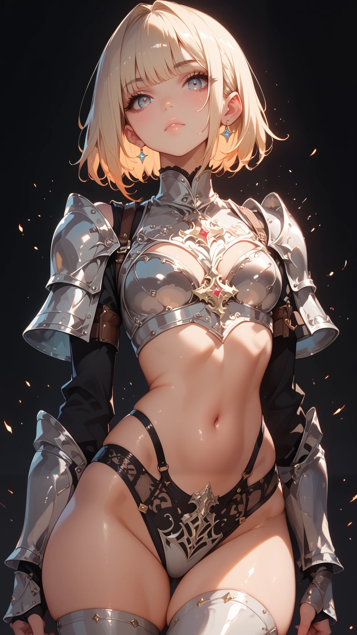 Anime girl, sexy figure, nice body curves, wearing a knight armour, showing off her figure, down view, giving sexy poses, simple dark background.