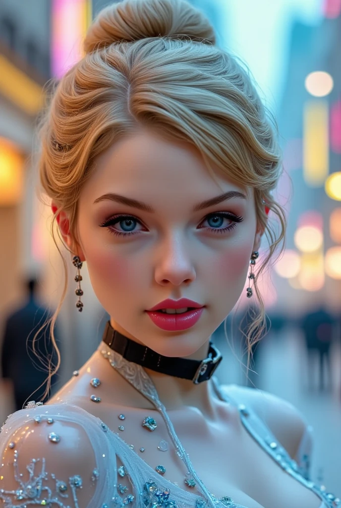 ((masterpiece)) ((hyper-realistic)) ((vibrant colors)) Realistic portrait of Cinderella, depicted as a young woman with delicate features and radiant beauty. Her golden blonde hair is elegantly styled in an updo, with a few loose strands framing her soft, glowing face. She wears a shimmering pale blue gown with intricate embroidery and a slight off-shoulder design, complemented by a subtle sparkle effect. Her expression is gentle and hopeful, her big blue eyes reflecting determination and kindness. The background shows a dreamy, softly blurred palace setting at twilight, with a warm golden glow illuminating her figure. Hyper-realistic textures, fine details, and cinematic lighting enhance the magical atmosphere.