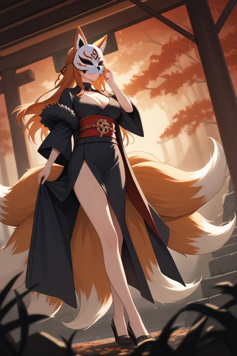  a nine-tailed black and orange wolf , Bone Mask, foxlike appearance , long legs, nine tails