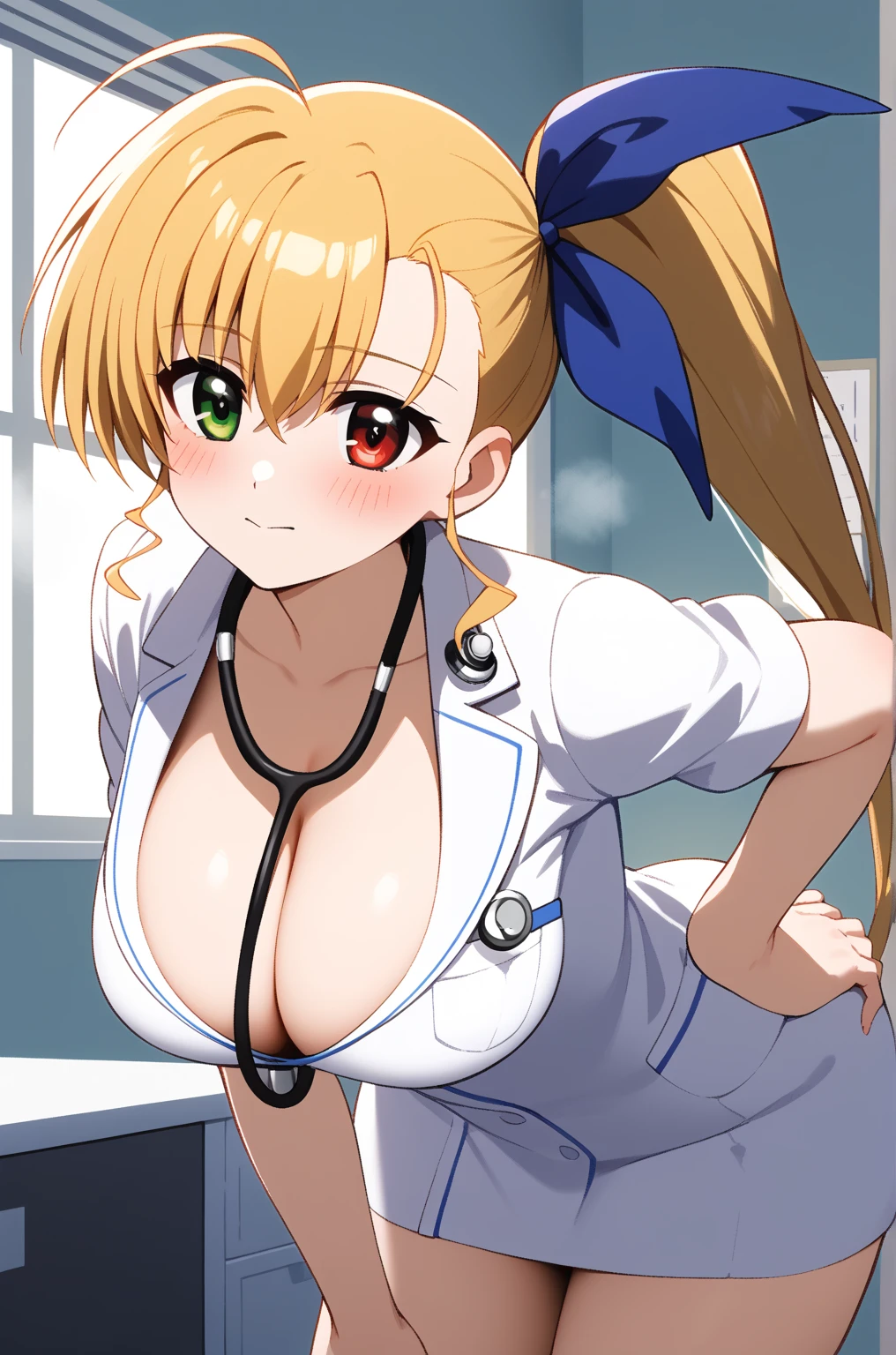 masterpiece,best quality,{{detailed beautiful face and eyes}},
Vivio,{{{megami magazine}}},long hair,blonde hair,ahoge,side ponytail,hair ribbon,heterochromia,grenn eyes,red eyes,large breasts,
(((1woman:1.2))),(is embarrassing,big blush,closed mouth,steam:1.0),((doctor costume,stethoscope,white longcoat,cleavage)),
((leaning forward,hand on hip:1.2)),
(night hospital background:1.0),clothed