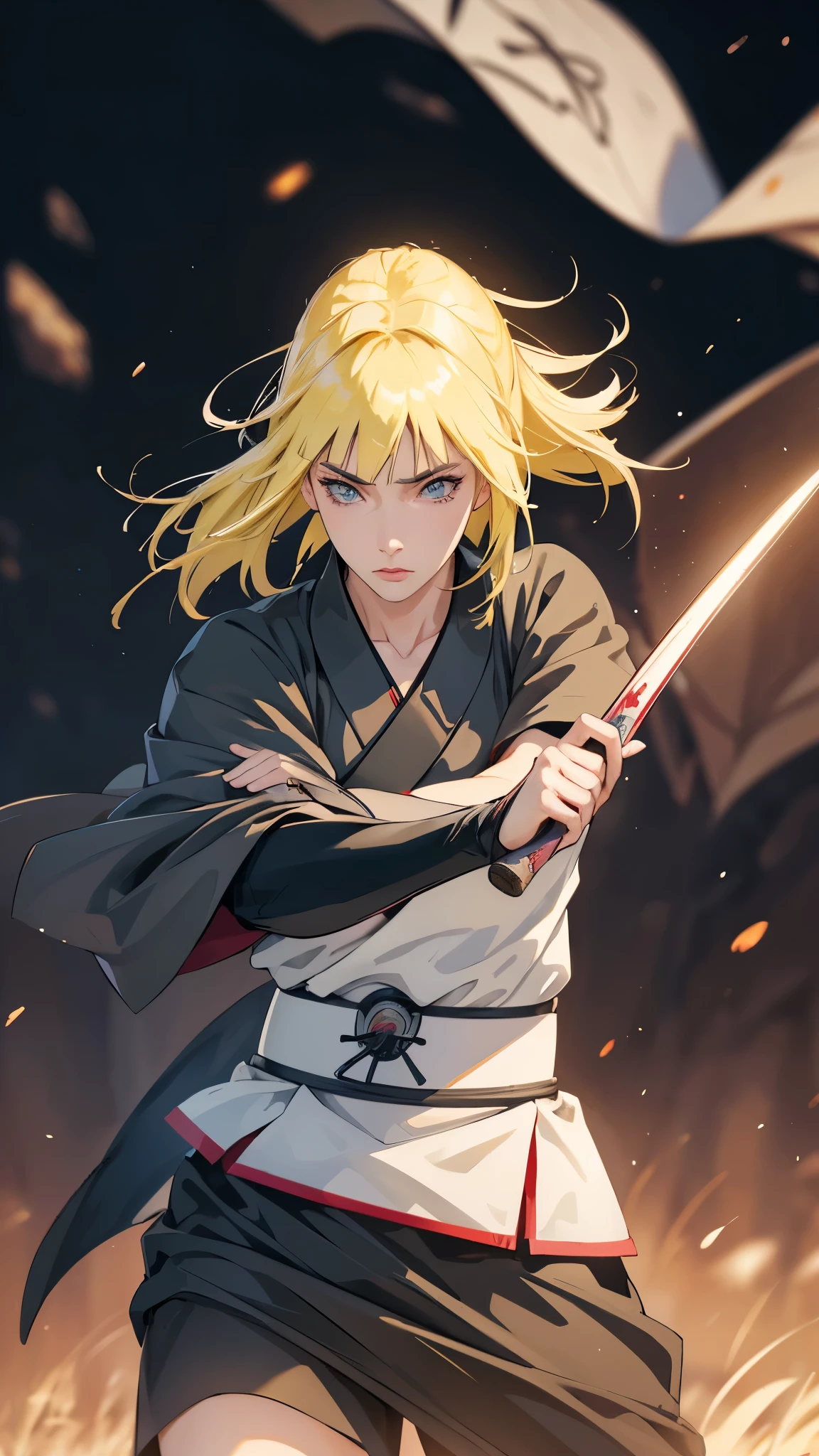 a beautiful 18 year old female samurai (Samui - Naruto), elegant and graceful, a more feminine face and badly worn clothes, torn in places with huge holes, holding a katana raised in a powerful stance, samui, blue eyes, blonde hair, short hair, detailed facial features including beautiful eyes, plump lips, and an oval shaped face, slender and flexible body with long legs, epic samurai pose, dramatic lighting, cinematic composition, rich colors, highly detailed, masterpiece, photorealistic, (best quality,4k,8k,highres,masterpiece:1.2),ultra-detailed,(realistic,photorealistic,photo-realistic:1.37)
