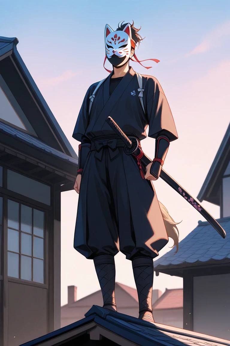 A lonely ninja, standing on the top of a house, equipped with a katana, wearing a kitsune mask 