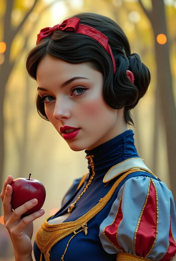 ((masterpiece)) ((hyper-realistic)) ((vibrant colors)) Realistic portrait of Snow White, portrayed as a young woman with porcelain skin, rosy cheeks, and ruby-red lips. Her short, jet-black hair is perfectly styled with soft curls, adorned with a red ribbon bow. She wears a classic gown with a high collar, a deep blue bodice, and puffed sleeves in shades of blue and yellow, subtly enhanced with intricate details and textures. Her expression is warm and serene, exuding innocence and grace, as she gently holds a single red apple in her hand. The background features a softly blurred enchanted forest bathed in warm, dappled sunlight, adding a magical and nostalgic atmosphere. Hyper-realistic details, vibrant colors, and cinematic lighting bring her timeless beauty to life.