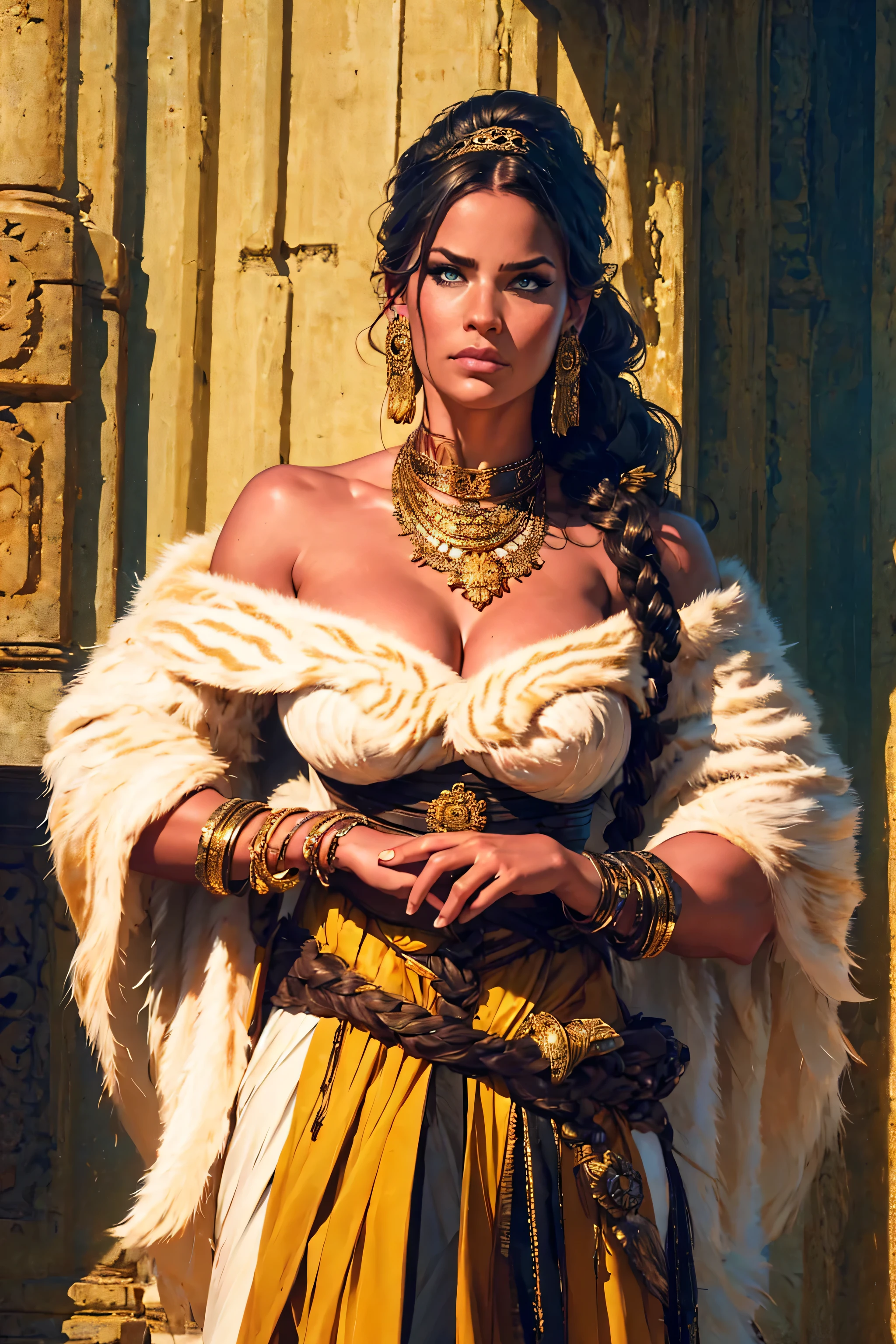 A digitally drawn illustration depicting an epic fantasy scene, featuring a sexy, busty, alluring female warrior, (light skin), (exposed cleavage, showing cleavage) in the foreground, slightly to the right of center. She has long brown hair flowing gracefully behind her back, with an intricate braid adorned with a golden headband adorned with tiny feathers and beads. Her face is riddled with battle scars, adding to her ferocious feel. The warrior wears elaborate white armor with gold details, including embellished shoulder pieces, a circular patterned chest plate, and a protective cup on her left shoulder. Her outfit is complemented by a striking jeweled necklace and matching gold earrings. She holds a long staff with a triangular blade on top, gripping it tightly in both hands. The staff features intricate metalwork with bronze highlights and a dark wooden handle. Behind her, a large, majestic white tiger stands out in the background. Its lush mane and strong power add to the grandeur of the scene. The tiger’s fur is meticulously drawn with soft details and textures, while its piercing amber eyes reflect strength and intelligence. The bright, natural lighting emphasizes the warrior’s resolute gaze. and creates dramatic shadows that enhance the textures of the clothing and accessories. The overall composition emphasizes the contrasts between the human and animal forms, creating a harmonious yet vibrant visual experience. The color palette incorporates warm hues such as beige, golden yellow and brown, with high contrast and medium color intensity, giving the artwork a rich and mysterious mood.