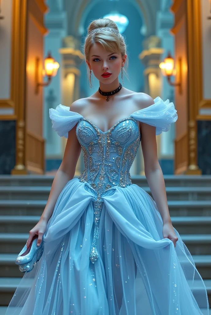 ((masterpiece)) ((hyper-realistic)) ((vibrant colors)) Realistic full-body illustration of Cinderella, portrayed as a graceful young woman with delicate features, fair skin, and sparkling blue eyes. She wears a stunning ball gown with a fitted bodice adorned with shimmering silver embroidery and a voluminous, light blue skirt that glitters subtly in the light. Her hair is elegantly styled in a blonde updo, with a delicate silver tiara perched on top. She is shown descending a grand staircase at the stroke of midnight, holding one glass slipper in her hand while the other remains on the steps behind her. The background features an opulent palace entrance with golden details, glowing lanterns, and a magical aura, creating a scene of elegance and wonder. Hyper-realistic details, cinematic lighting, and vibrant colors highlight her timeless beauty.