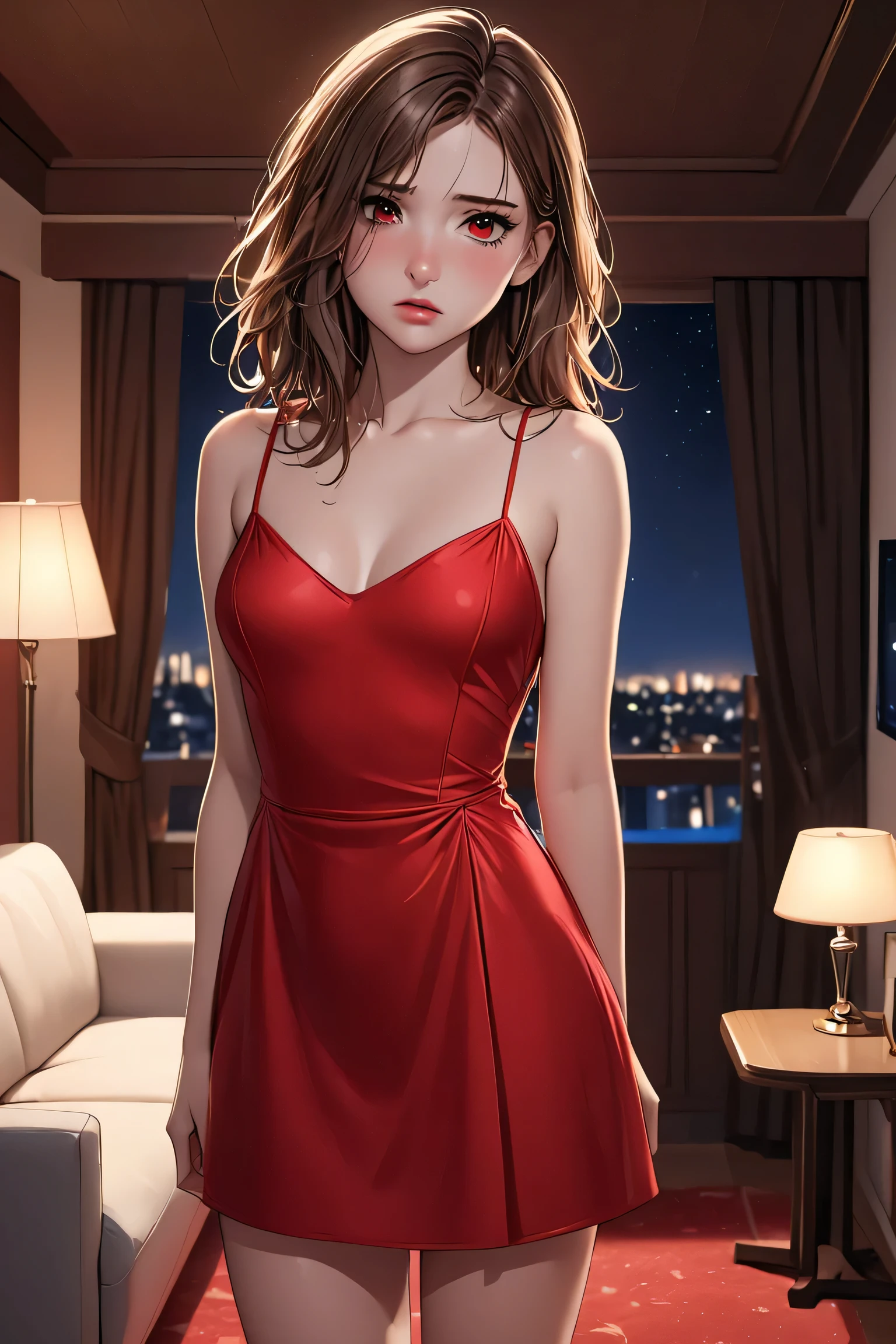 An elegant and stylish anime woman is in a luxurious hotel suite. She has a striking appearance with long, flowing hair and eyes full of confidence. She is wearing a glamorous and trendy evening dress that highlights her grace and allure. The surrounding hotel room is sophisticated, featuring soft lighting, modern furniture, and opulent decor, creating a captivating and sophisticated atmosphere.