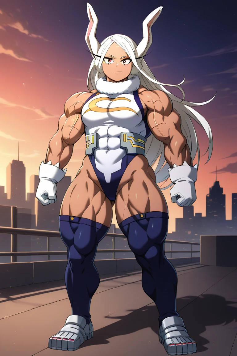 a girl posing, muscular girl, ((((huge)))) girl, (((((flat))))) chest,((((((wide)))))) shoulder, 1girl, ((((thick)))) neck, (((((wide))))) pecs, muscular, muscle, big girl, fat, thick arms, (((large))) torso, pectorals, lat, ((((huge)))) hip, thick legs, thick calves, straight waist, full body, anime, very large muscles, rumi usagiyama, long hair, animal ears, white hair, dark skin, rabbit ears, dark-skinned female, muscular, rabbit girl, muscular female, red eyes, parted bangs, my_hero_academia, boku_no_hero_academia, thighhighs, gloves, sleeveless, white gloves, leotard, turtleneck, highleg, highleg leotard, fur collar, sleeveless turtleneck, turtleneck leotard, sleeveless turtleneck leotard, crescent print, city, detailed eyes, detailed mouth, detailed face, detailed faceline, best quality, masterpiece, intricate details, detailed, professional, Upper pectoralis major, Middle pectoralis major, Lower pectoralis major, Trapezius, deltoid, anterior deltoid, middle deltoid, posterior deltoid, Biceps, Biceps long head, Biceps short head, Triceps, Triceps medial head, Triceps Lateral Head, Triceps long head, Sternocleidomastoid, Platysma, Forearm Muscles, Serratus anterior, Oblique abdominal muscles, Rectus abdominis, abs, Transverse abdominis, Gluts, gluteus maximus muscle, Gluteus medius muscle, Tensor fasciae latae muscle, quads, Rectus femoris muscle, Vastus lateralis muscle, Vastus intermedius muscle, Vastus medialis muscle, hamstring, Biceps femoris muscle, Biceps femoris long head, Biceps femoris short head, Semimembranosus, Semitendinosus, Adductor magnus muscle, surae muscle, Triceps surae muscle, Gastrocnemius muscle, Soleus muscle, blood vessels, vein, artery, vascular, veiny arms, veiny shoulder, (((vascular))) neck, (((veiny))) chest, veiny torso, veiny hip