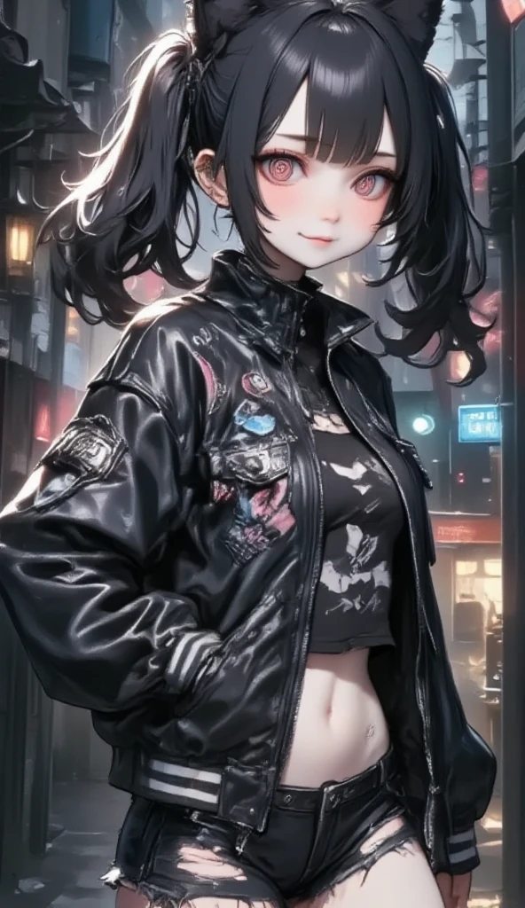  girl\(cute, Cute, , Evil Smiles , black hair, long hair,Twin tail hair, blue-white skin, Skin Color Blue ,  red eyes,  short hair jacket with shining eyes , big eyes,chest, Punk Fashion, torn clothes , Tight Tube Tops,Tight hot pants,The stomach is visible,ripped black short jacket,Fluffy black cat ears, dynamic pose,spiral eyes,bang\),background\(outside, Noisy city, Backstreet,  narrow street ,  from behind , At night\)