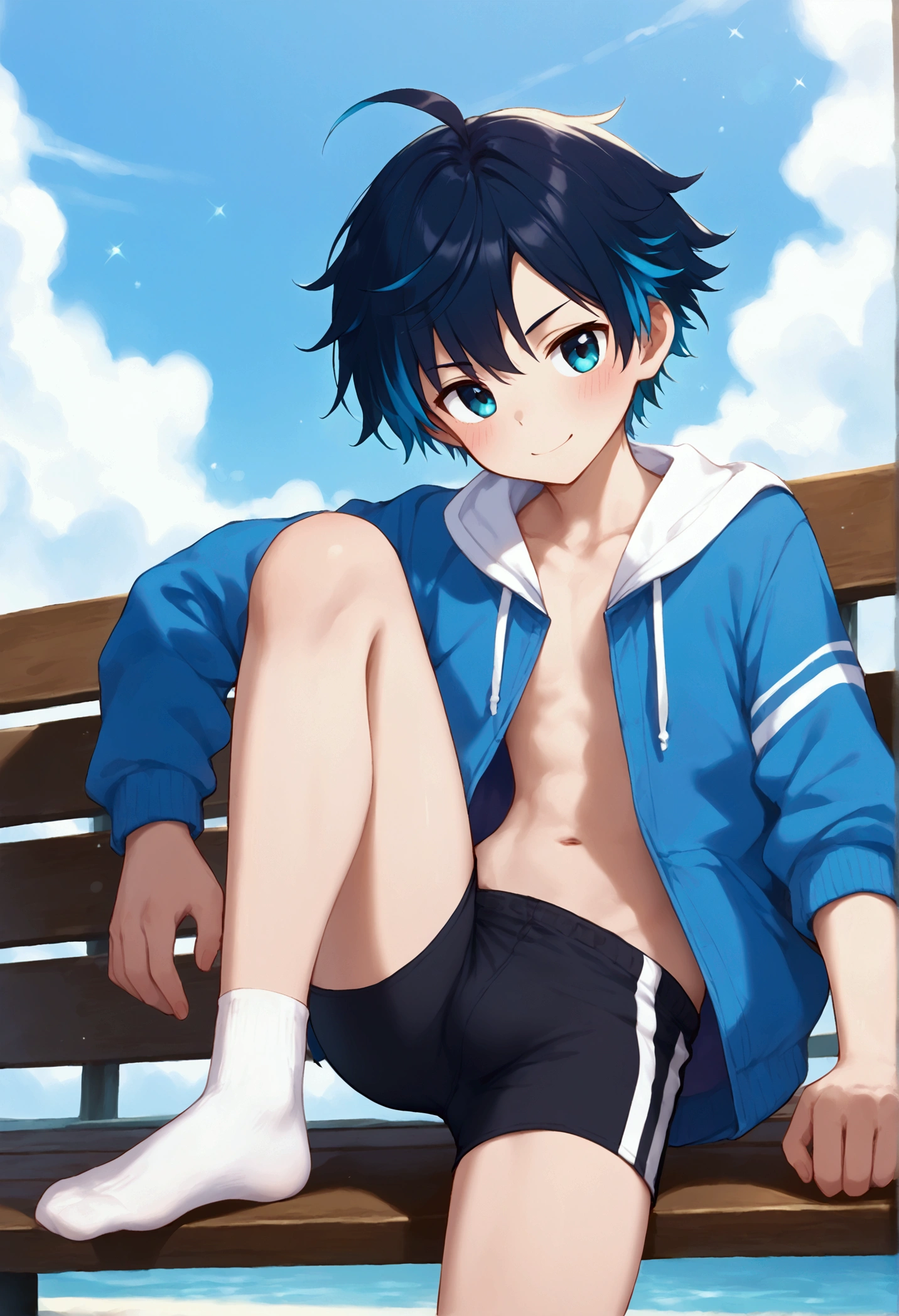 A cute boy with colored hair ,  short hair,  he is wearing very short socks and long shorts that show his great dignity. He is sitting on a bench with one leg up, showing off his crotch 