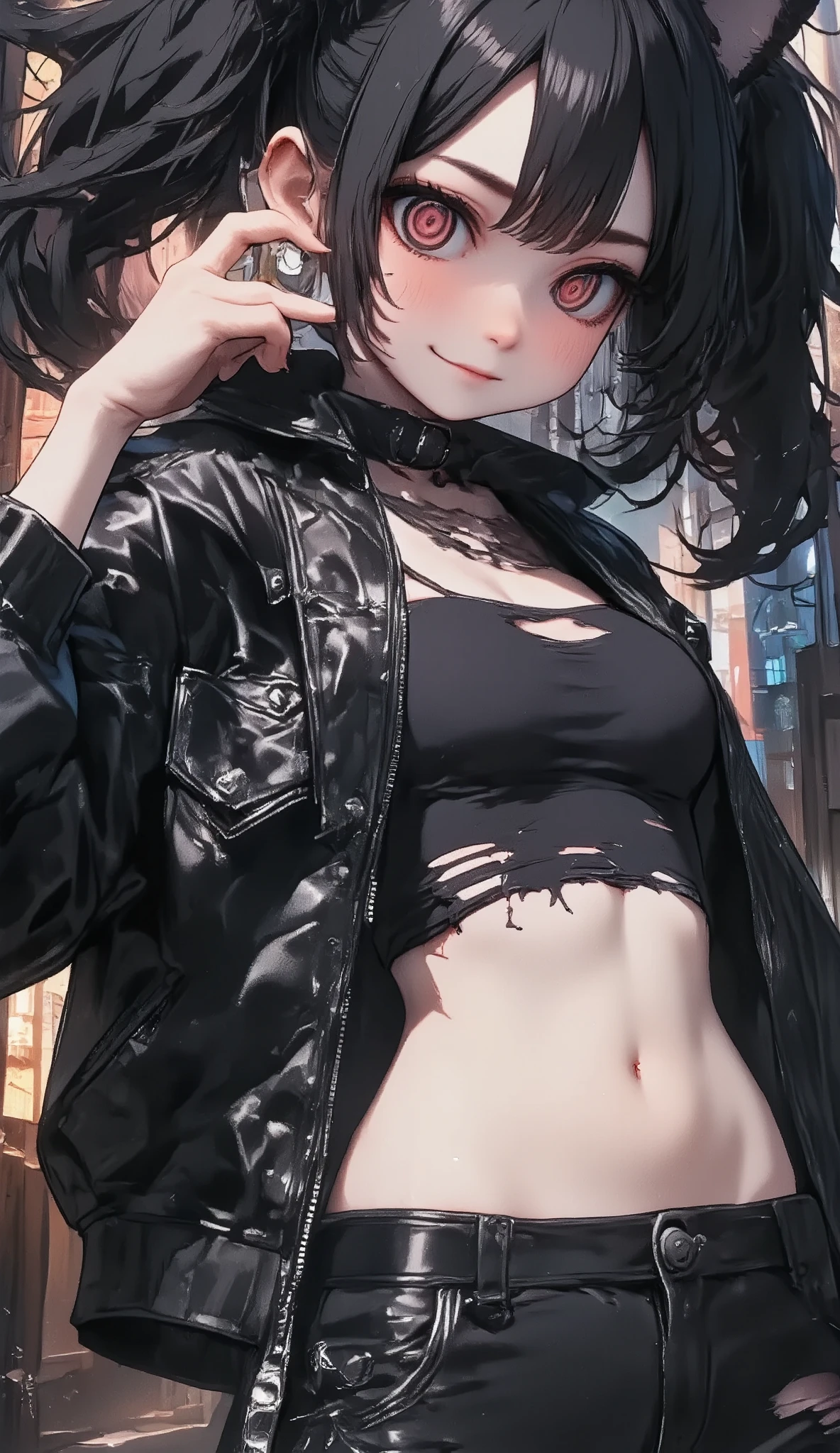  girl\(cute, Cute, , Evil Smiles , black hair, long hair,Twin tail hair, blue-white skin, Skin Color Blue ,  red eyes,  short hair jacket with shining eyes , big eyes,chest, Punk Fashion, torn clothes , Tight Tube Tops,Tight hot pants,The stomach is visible,ripped black short jacket,Fluffy black cat ears, dynamic pose,spiral eyes,bang\),background\(outside, Noisy city, Backstreet,  narrow street ,  from behind , At night\)