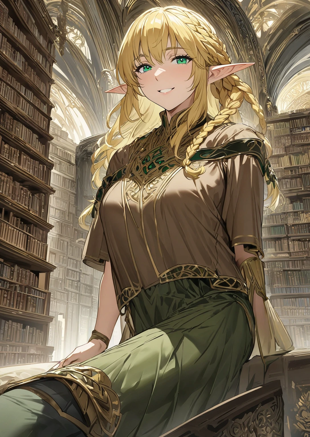 solo female, elf, hyrulean, adult, pointed ears, golden hair, short hair, braided hair, emerald eyes, short shirt, medium-length-sleeved shirt, brown shirt with gold trimmings, black leggings, tall brown boots, fantasy, masterpiece, highest quality, library, smiling, shy 