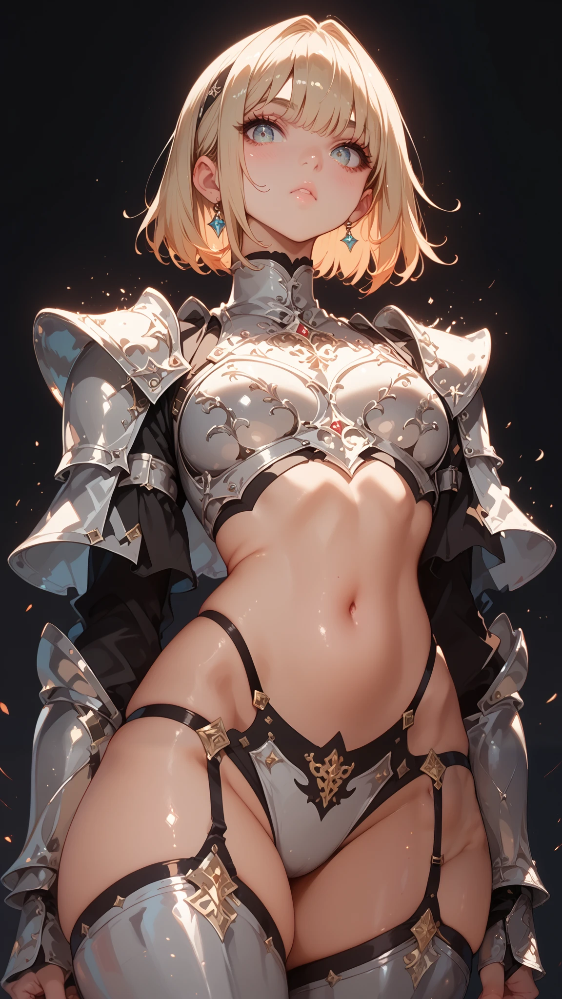 Anime girl, sexy figure, nice body curves, wearing a knight armour, showing off her figure, looking down, down view, giving sexy poses, simple dark background.