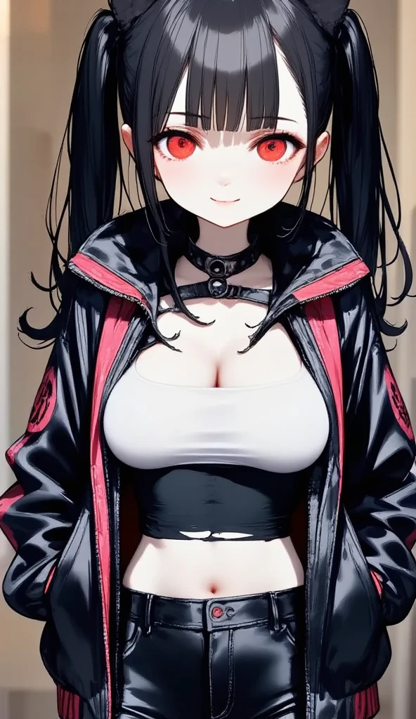  One girl \(cute,Cute, Charming, Charmingな,  seductive ,  Evil Smiles ,  smirking , Wicked Expression , tooth,  black hair, mischievous smile showing below the knee,  long hair, Twin tail hair, 青 white skin,  white skin,  red eyes,  short hair jacket with shining eyes ,  big eyes,  Big Breasts ,   Perky Breasts  ,  Punk Fashion,  torn clothes , White tight tube top, Tight hot pants, The stomach is visible,  ripped black short jacket, Fluffy black cat ears, spiral eyes,Swirl eyes, bang,  put your hands in your pocket \), background\(outside, Noisy city, Backstreet,  narrow street ,  from behind ,  in the middle of the night\), 3d rendering ,  portrait,  bust up shot, from below, Rainbow Style, black short jacket with slightly torn abs ,Very close up of face,,Zoomed up girl, Great concentration,  amazing bokeh , Dynamic camera angle, punk costume,Bear Eye Bags ,Taken with Kodak MC3 camera,Dutch angle pictures 