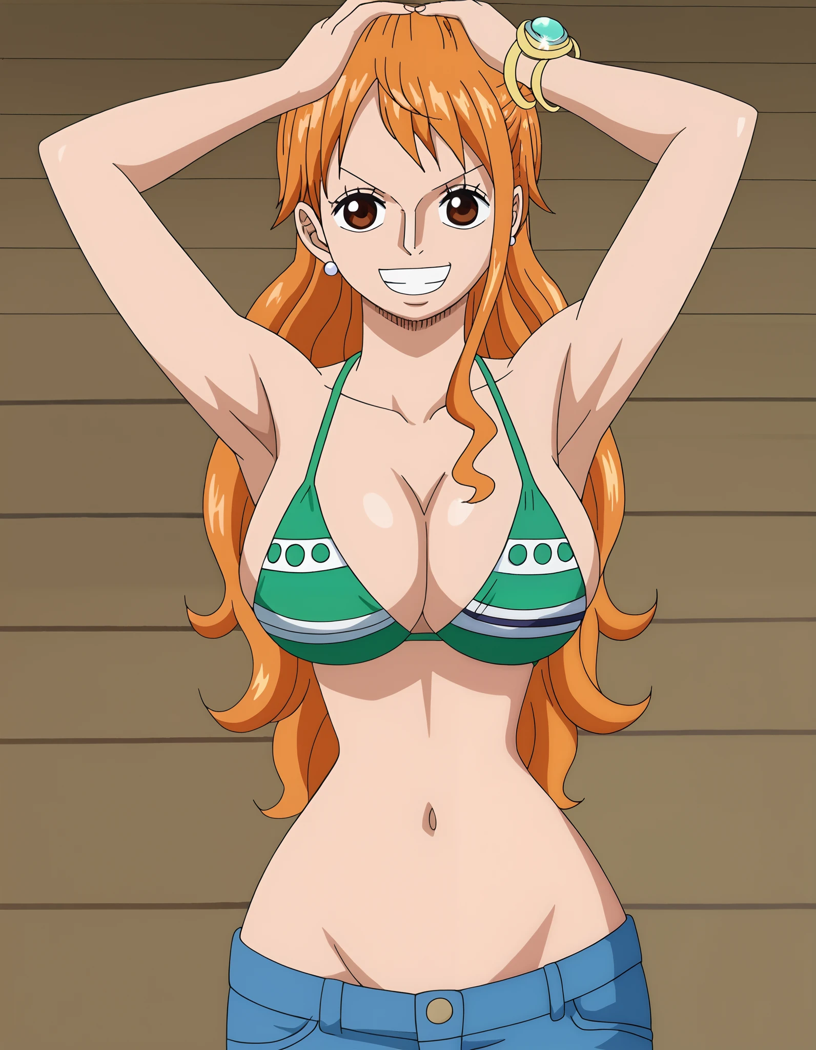 score_9_up, best quality, solo, source_anime, 1girls, Nami, green bikini, sexy, (bigger than medium breasts), navel, (jeans), leaning on ringside), (cheering:1.2), closed fists, strangle, (super thick arms:1.4), (hand on head:1.2), grin:1.2, (glimpse of armpit:0.5)