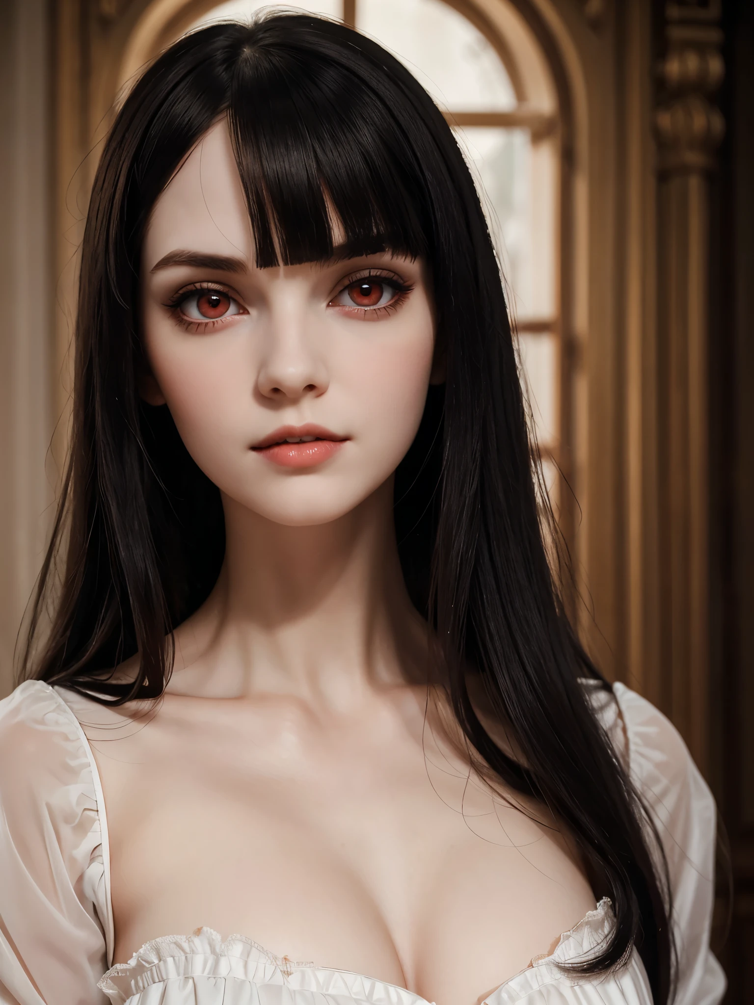 (best quality, hyperdetailed photography:1.2), beautiful lady, ,red eyes , black hair,dark makeup, soft light, snoopy breast,head and breast portrait, cover, (detailed beautiful face, detail skin texture, ultra-detailed body:1.1) sexy vampire girl,, massive perfect breast, closeup portrait, sexy woman, ,, luxurious lifestyle, luxurious dress ,, naked breast