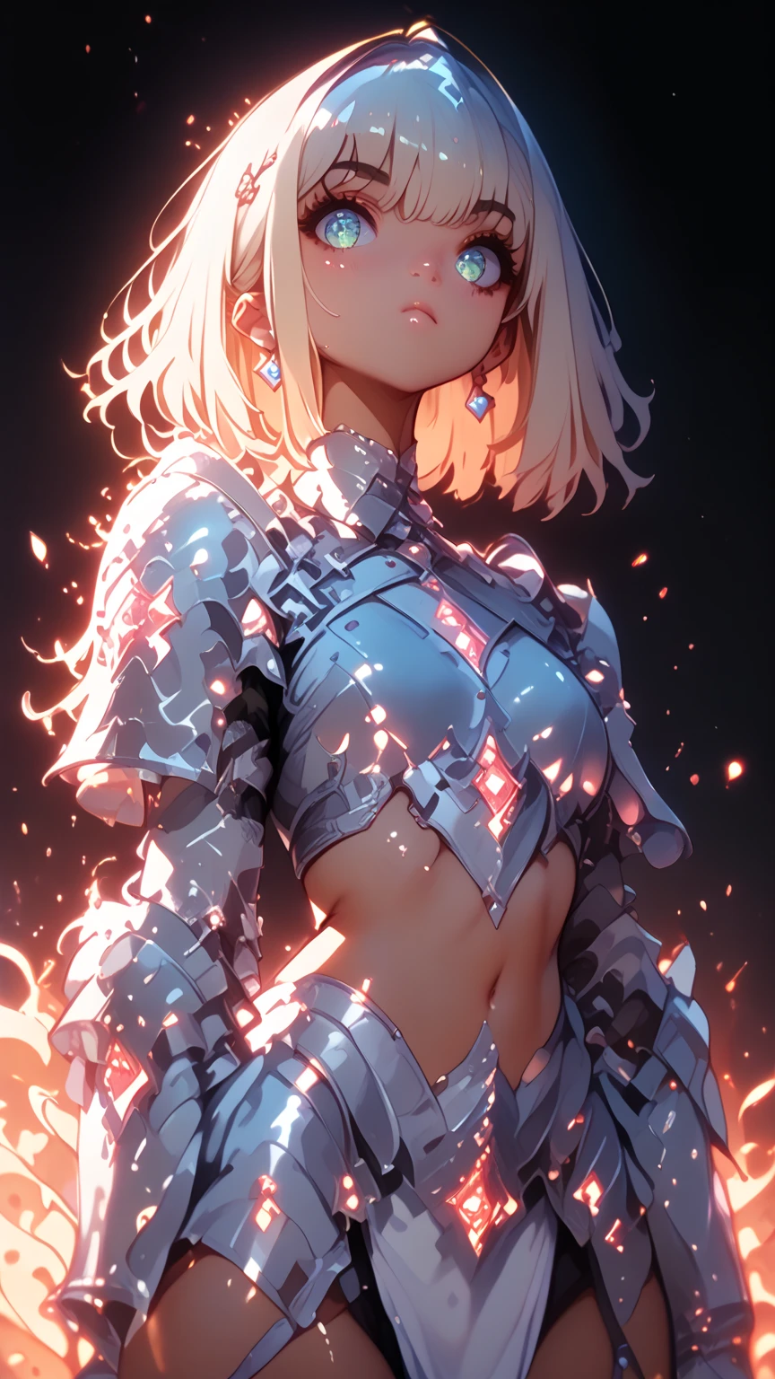 Anime girl, sexy figure, nice body curves, wearing a knight armour, showing off her figure, looking down, down view, giving sexy poses, simple dark background.