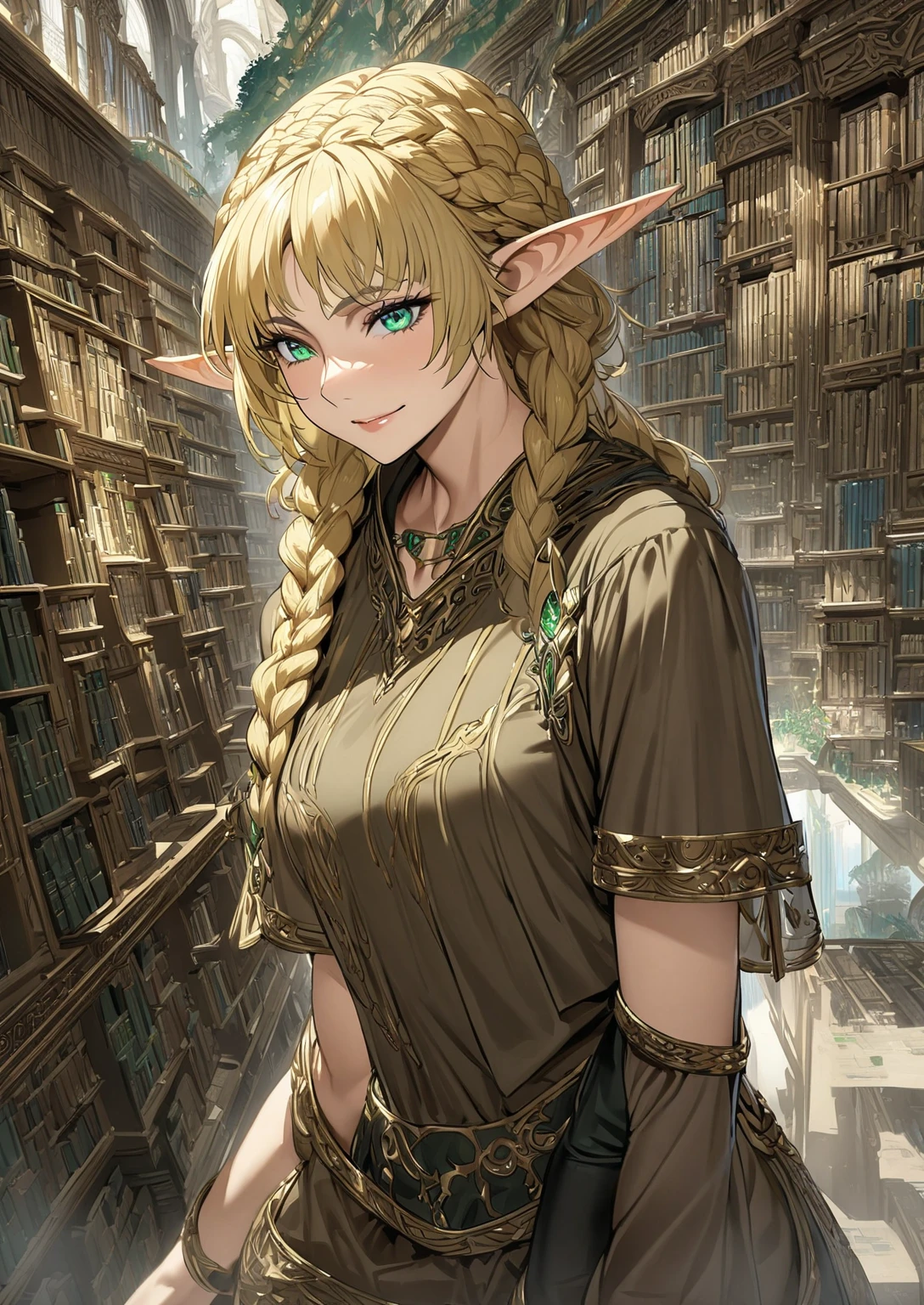 solo female, elf, hyrulean, adult, pointed ears, golden hair, short hair, braided hair, emerald eyes, short shirt, medium-length-sleeved shirt, brown shirt with gold trimmings, black leggings, tall brown boots, fantasy, masterpiece, highest quality, library, smiling, shy 