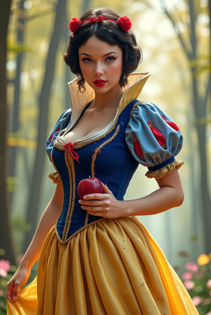 ((masterpiece)) ((hyper-realistic)) ((vibrant colors)) Realistic full-body illustration of Snow White, portrayed as a young woman with porcelain skin, rosy cheeks, and ruby-red lips. She wears a classic gown with a high collar, a deep blue bodice, puffed sleeves in shades of blue and yellow, and a flowing golden skirt with intricate, subtle embroidery. Her short, jet-black hair is perfectly styled with soft curls, adorned with a red ribbon bow. She stands gracefully in an enchanted forest clearing, gently holding a single red apple in her hand. The scene is bathed in warm, dappled sunlight filtering through the trees, with soft forest details like blooming flowers and woodland animals in the background, creating a magical and nostalgic atmosphere. Hyper-realistic details, vibrant colors, and cinematic lighting bring her timeless charm to life.