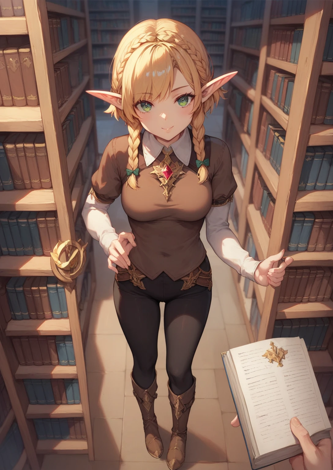 solo female, elf, adult, pointed ears, golden hair, short hair, braided hair, emerald eyes, short shirt, medium-length-sleeved shirt, brown shirt with gold trimmings, black leggings, tall brown boots, fantasy, masterpiece, highest quality, pov, library