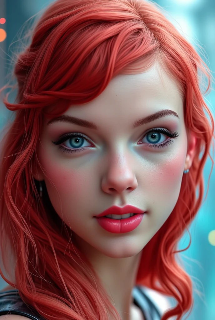 ((masterpiece)) ((hyper-realistic)) ((vibrant colors)) Realistic portrait of Ariel from The Little Mermaid, showcasing her youthful and enchanting beauty. Her vibrant red hair frames her face in soft waves, contrasting with her flawless fair skin. Her large, expressive blue eyes radiate curiosity and wonder, while her lips are slightly parted in a subtle, dreamy smile. The background is a soft blur of ocean hues, with hints of sunlight filtering through water, enhancing the ethereal quality of the scene. Hyper-realistic details capture every strand of hair and sparkle in her eyes, creating a mesmerizing and timeless depiction of the beloved mermaid.