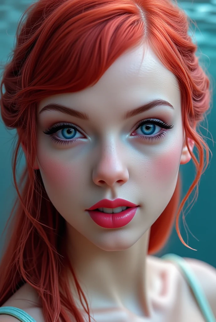 ((masterpiece)) ((hyper-realistic)) ((vibrant colors)) Realistic winde angle portrait of Ariel from The Little Mermaid, showcasing her youthful and enchanting beauty. Her vibrant red hair frames her face in soft waves, contrasting with her flawless fair skin. Her large, expressive blue eyes radiate curiosity and wonder, while her lips are slightly parted in a subtle, dreamy smile. The background is a soft blur of ocean hues, with hints of sunlight filtering through water, enhancing the ethereal quality of the scene. Hyper-realistic details capture every strand of hair and sparkle in her eyes, creating a mesmerizing and timeless depiction of the beloved mermaid.