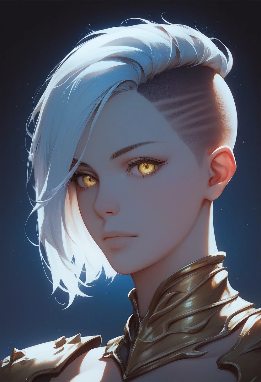 One woman, mature, female anime character with white undercut hair, undercut, aloof expression, yellow eyes, Sororitas, bronze-red-white sororitas armor, worn black long kama, detailed anime character art, dark, female anime character, facing center, close-up, ,dark colors, dark lighting, dark theme, low light, zPDXL3.