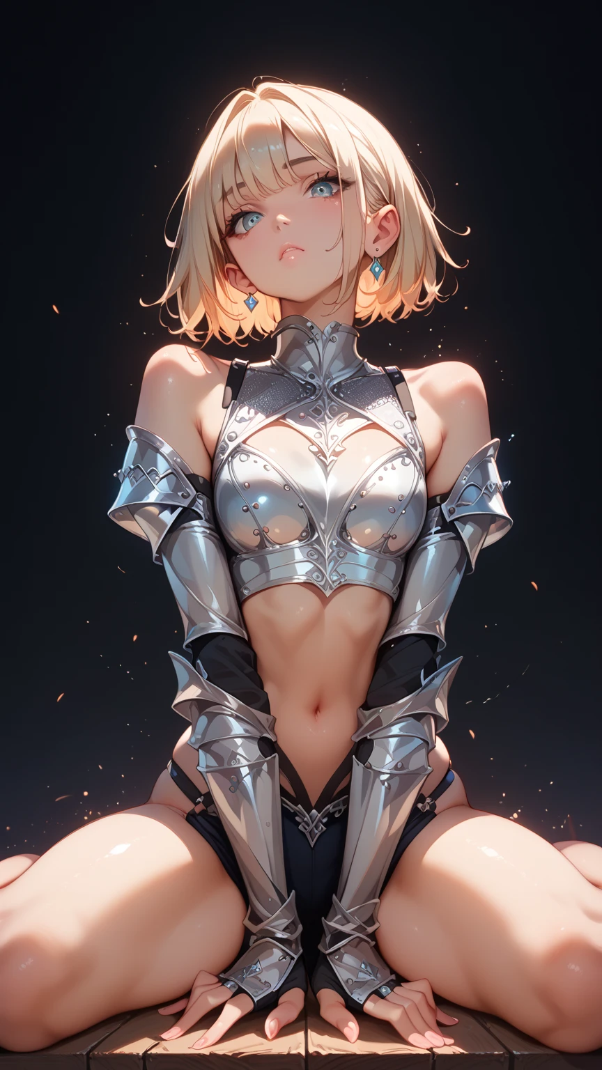 Anime girl, sexy figure, nice body curves, wearing a knight armour, showing off her figure, looking down, down view, giving sexy poses, sitting down, stretching legs exercise, simple dark background.