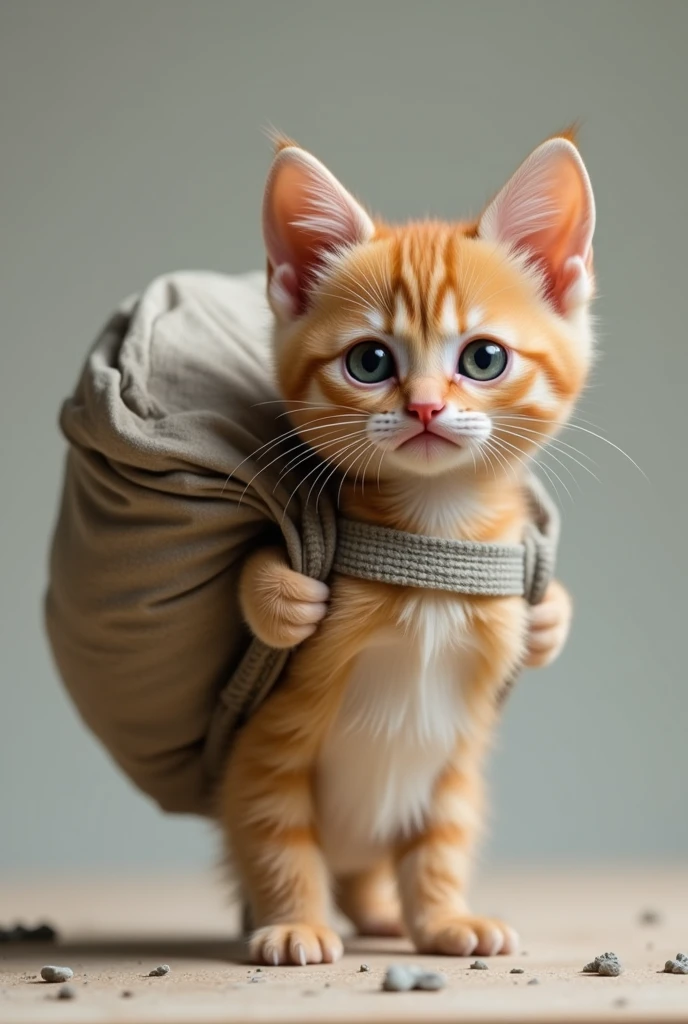 A small, sad-looking kitten standing upright like a person, with big, teary eyes. The kitten's expression is full of sadness, and its eyes are glistening with tears. It is carrying a heavy sack of cement on its back, which is large and appears to weigh it down. The kitten's posture is slightly hunched from the weight. The background is simple and slightly desaturated, emphasizing the kitten's exhaustion and struggle