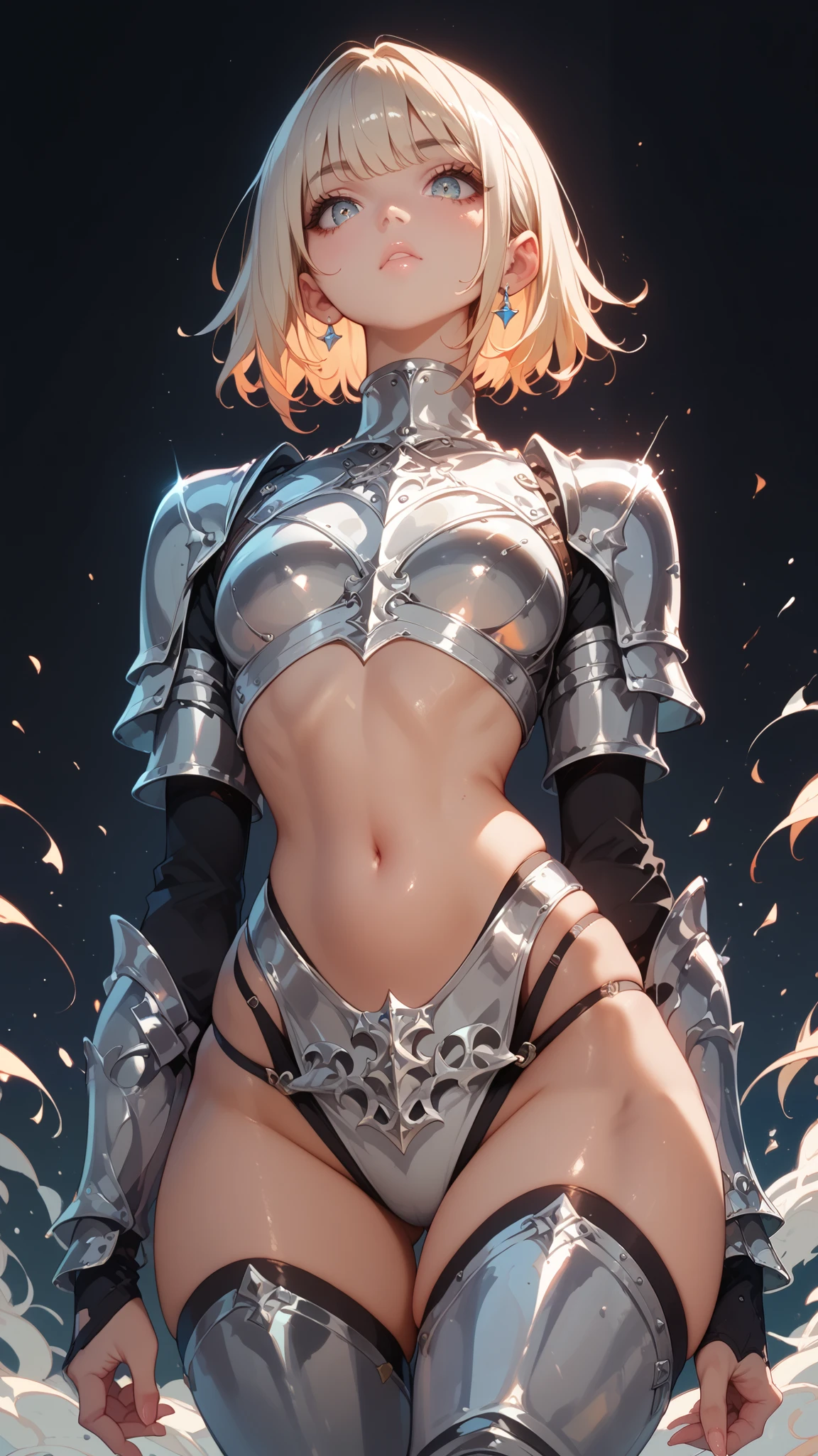 Anime girl, sexy figure, nice body curves, wearing a knight armour, showing off her figure, looking down, down view, giving sexy poses, showing her hips, simple dark background.